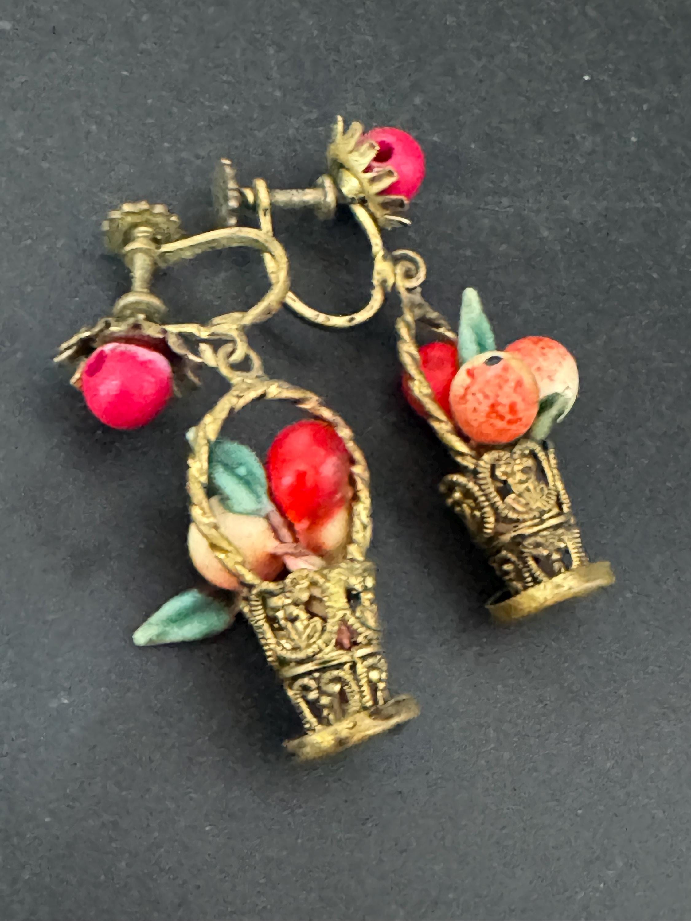 vintage brass FRUIT Basket clip on drop earrings 1930s Art Deco