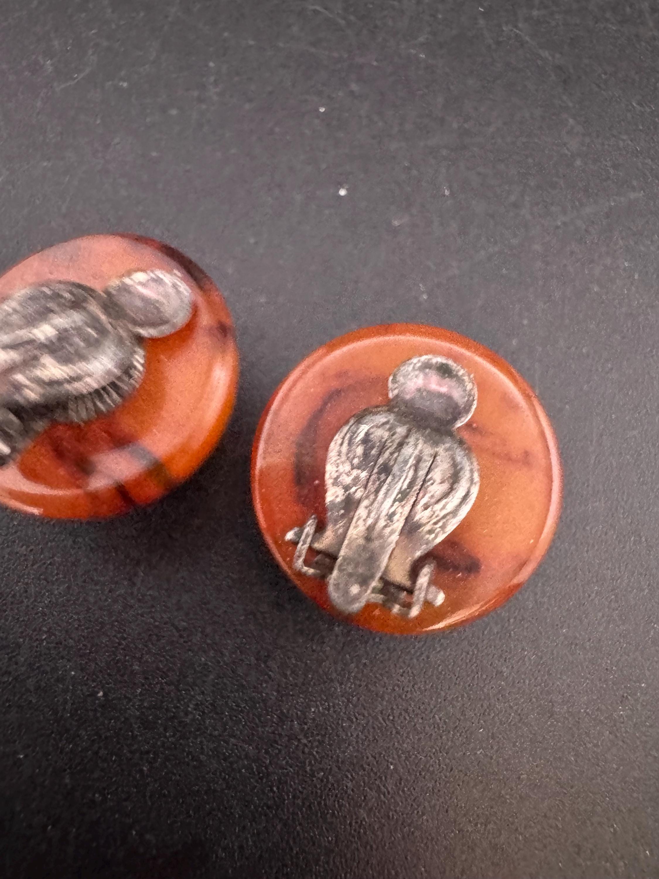 Vintage Early Plastic Domed Brown Faux Tortoiseshell Button clip on Earrings