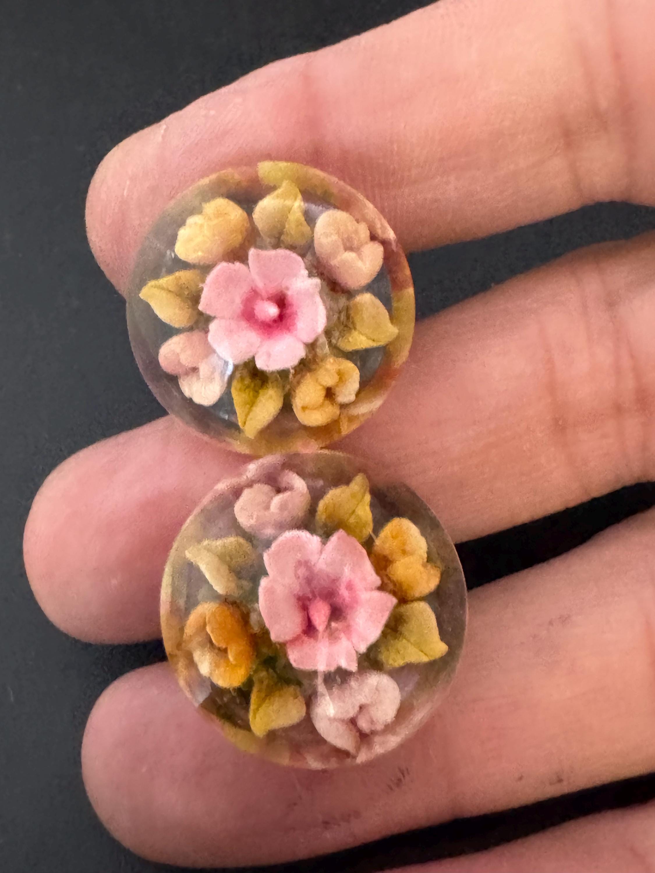 Vintage Perspex clear lucite pink Clip On Earrings early plastic Rose floral