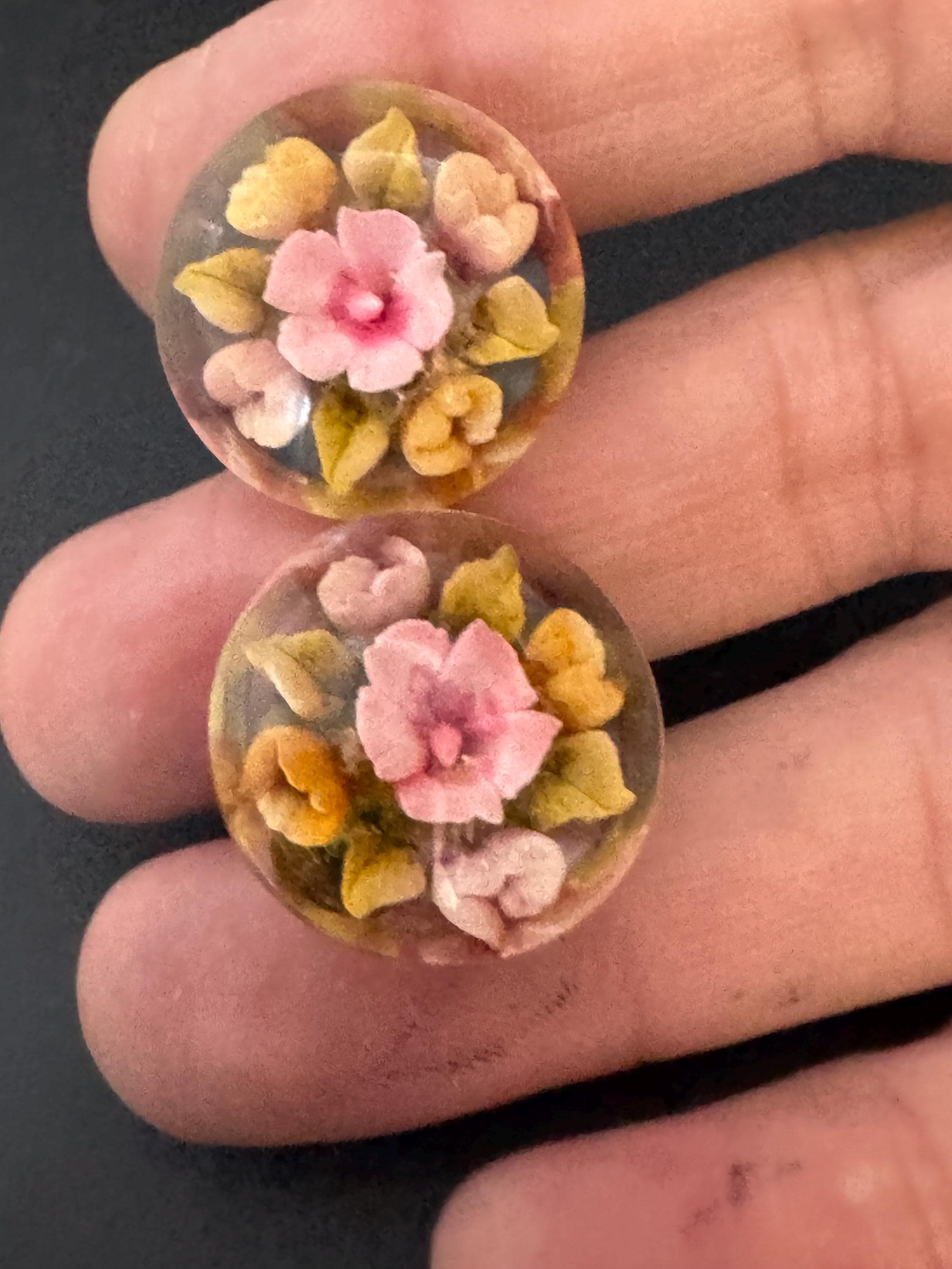 Vintage Perspex clear lucite pink Clip On Earrings early plastic Rose floral