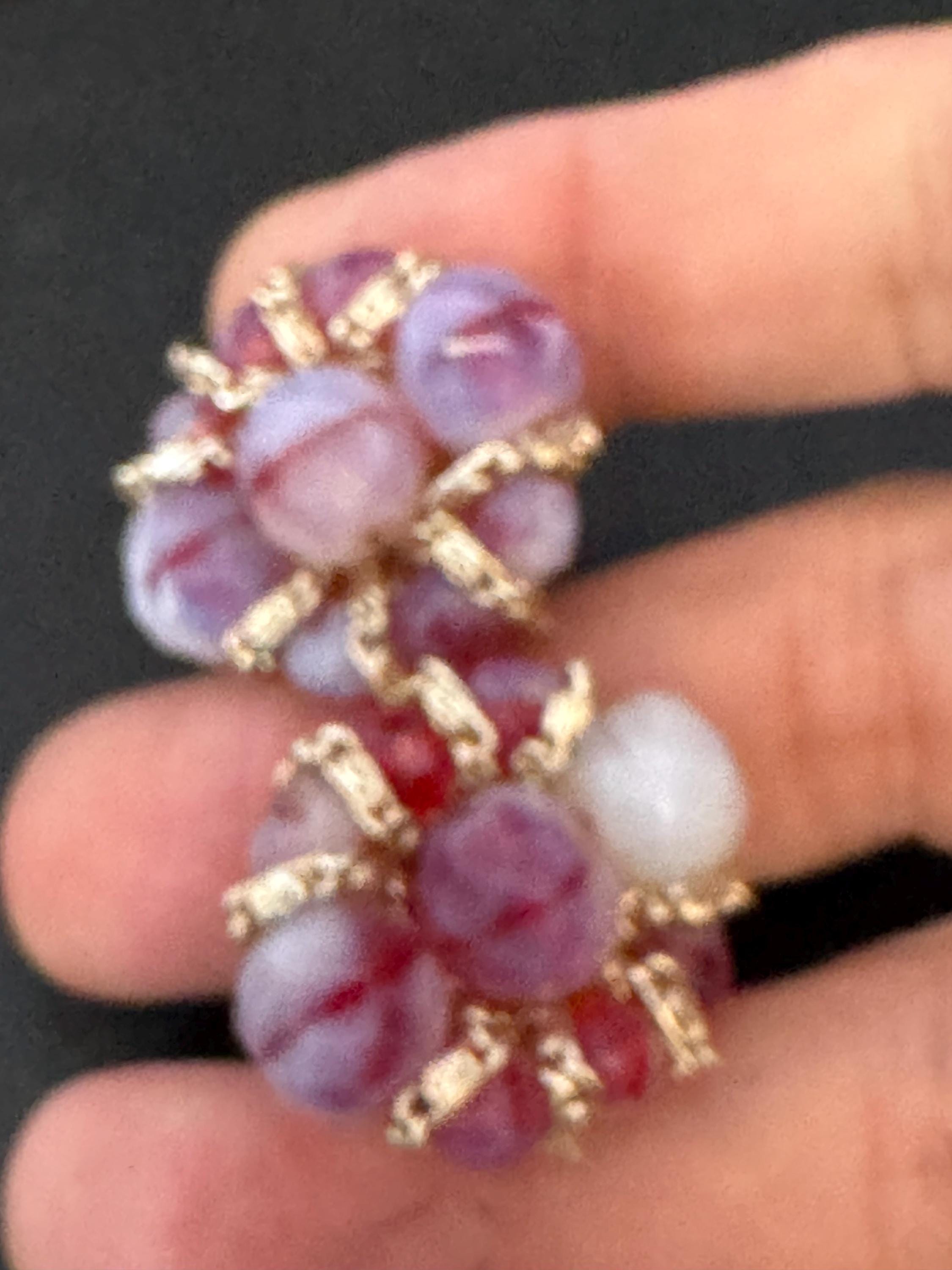 Vintage purple and pink glass beaded Cluster Clip On Earrings