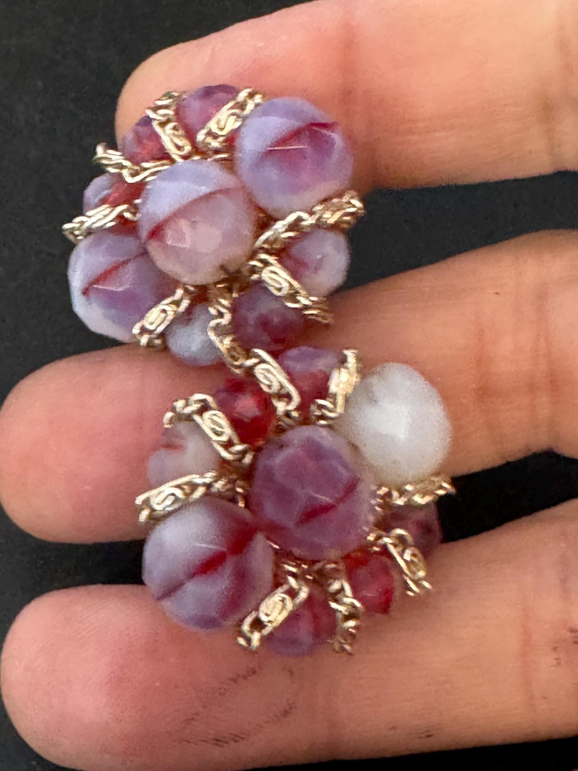 Vintage purple and pink glass beaded Cluster Clip On Earrings