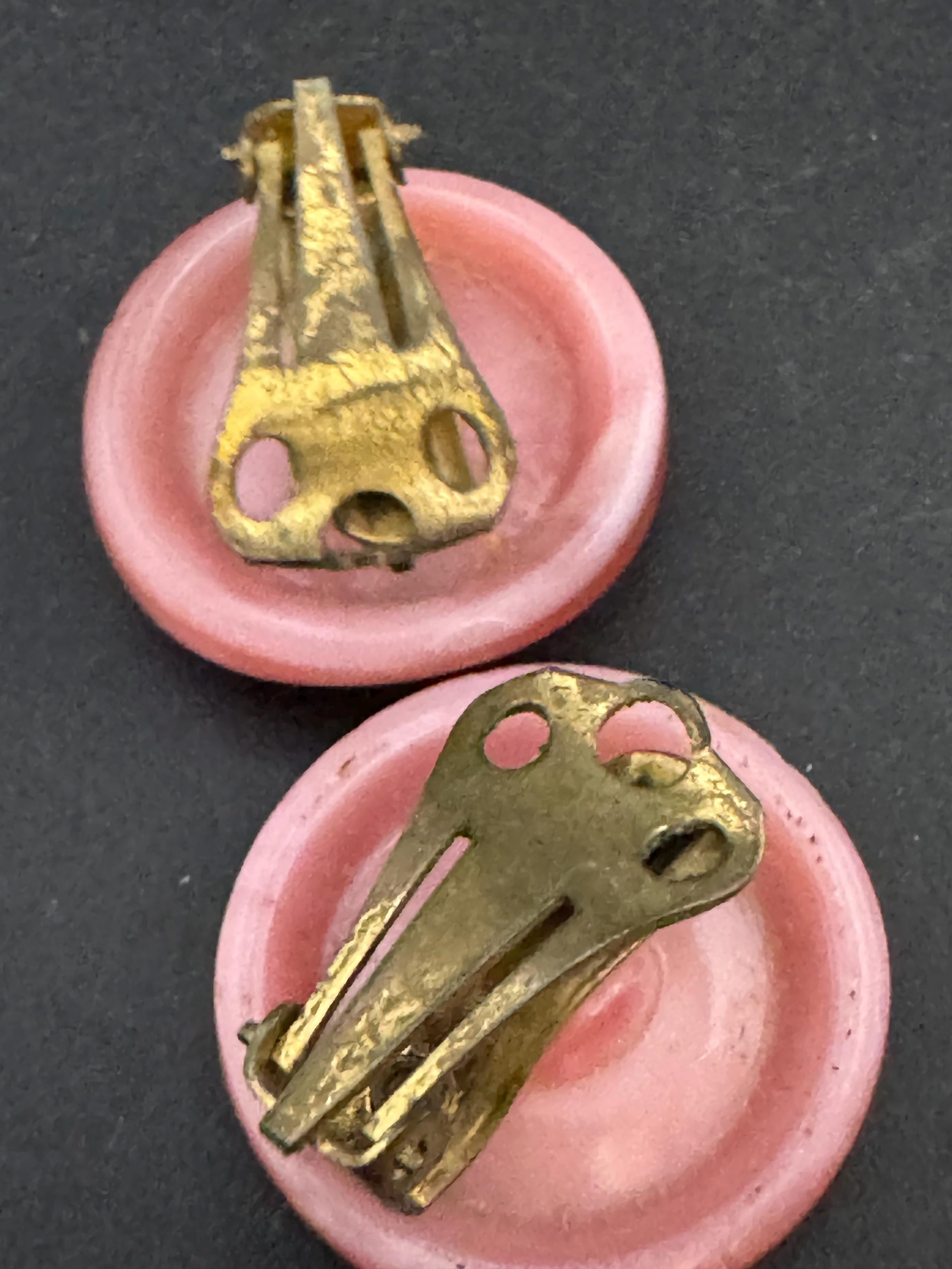 Vintage 2cm pink gold lustre glass button Clip On Earrings