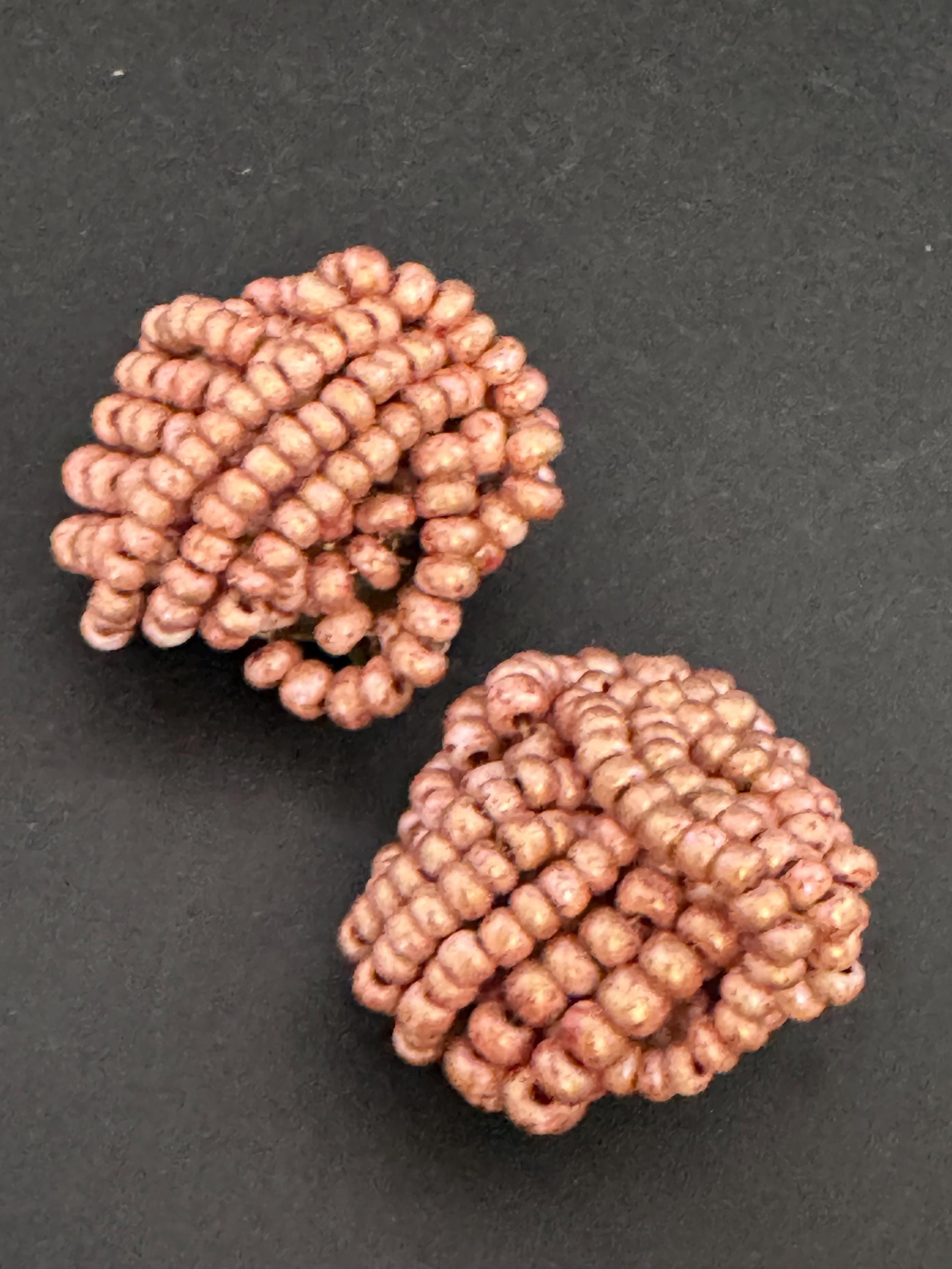 Vintage dusky pink taupe seed beaded KNOT Cluster Clip On Earrings
