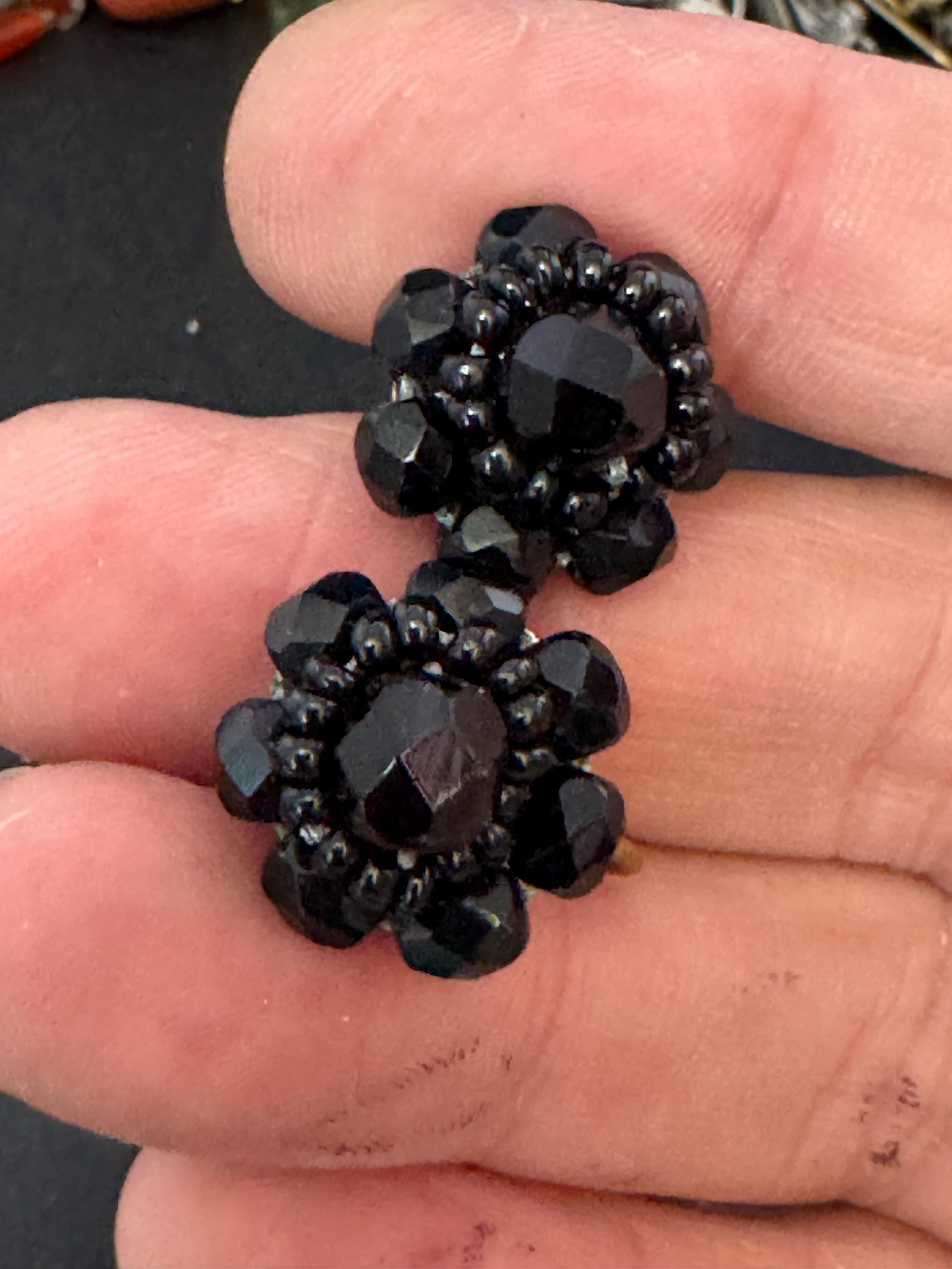 Vintage czech black faceted glass beaded cluster screw back clip on earrings