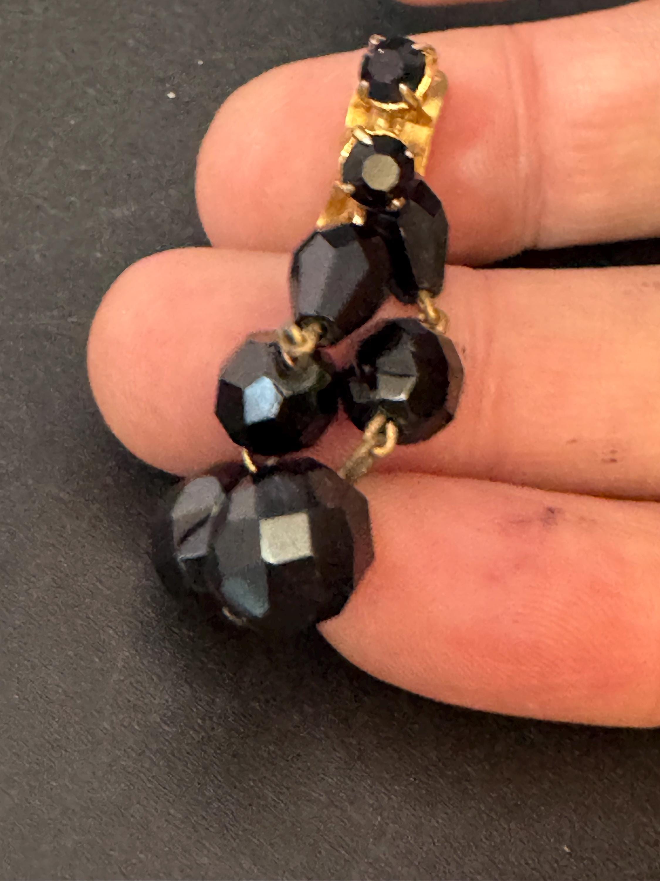 Vintage 5cm black faceted Glass Beaded Drop Earrings: lever back, Pierced
