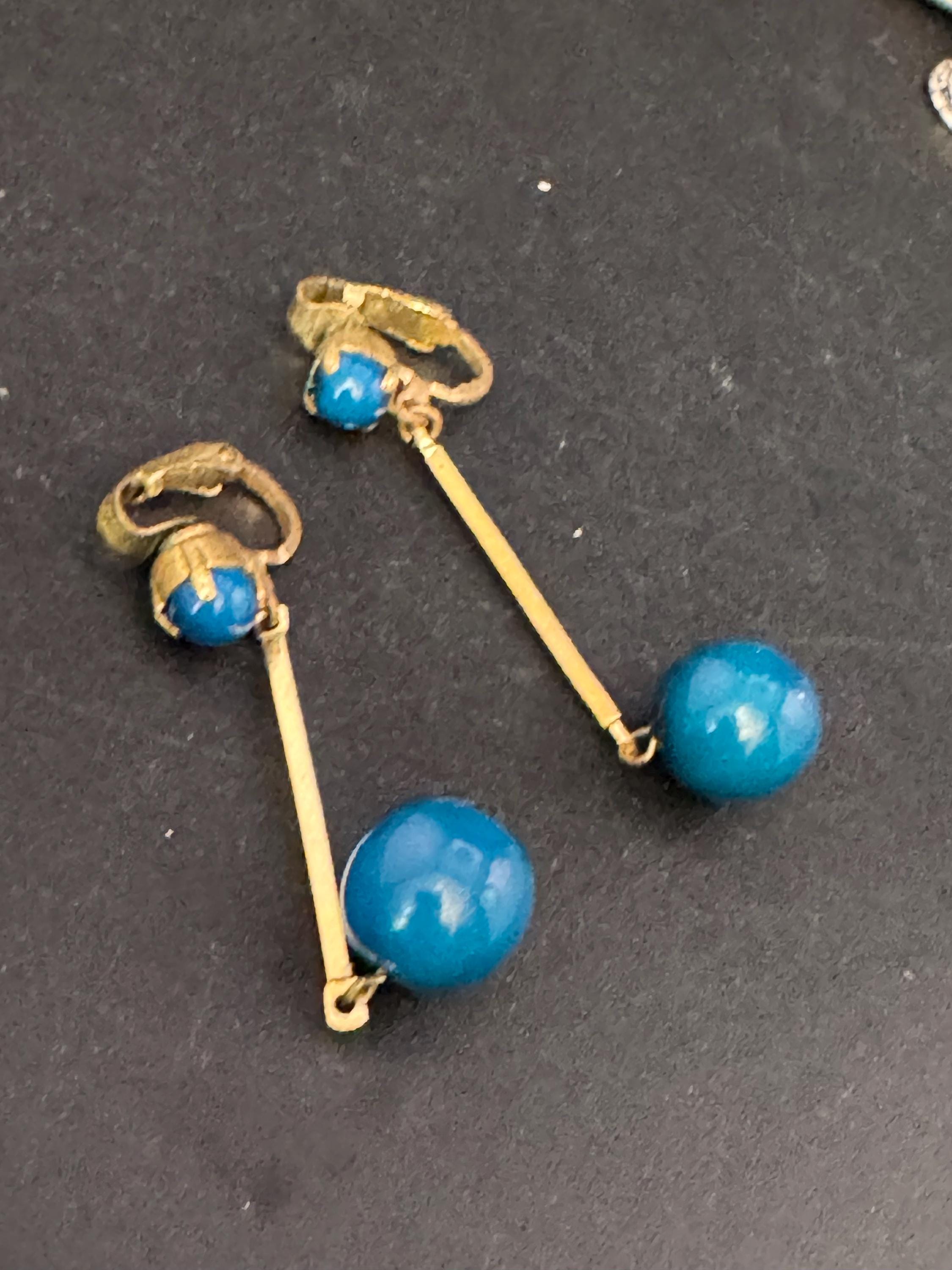Vintage blue glass ball dangly drop clip on earrings