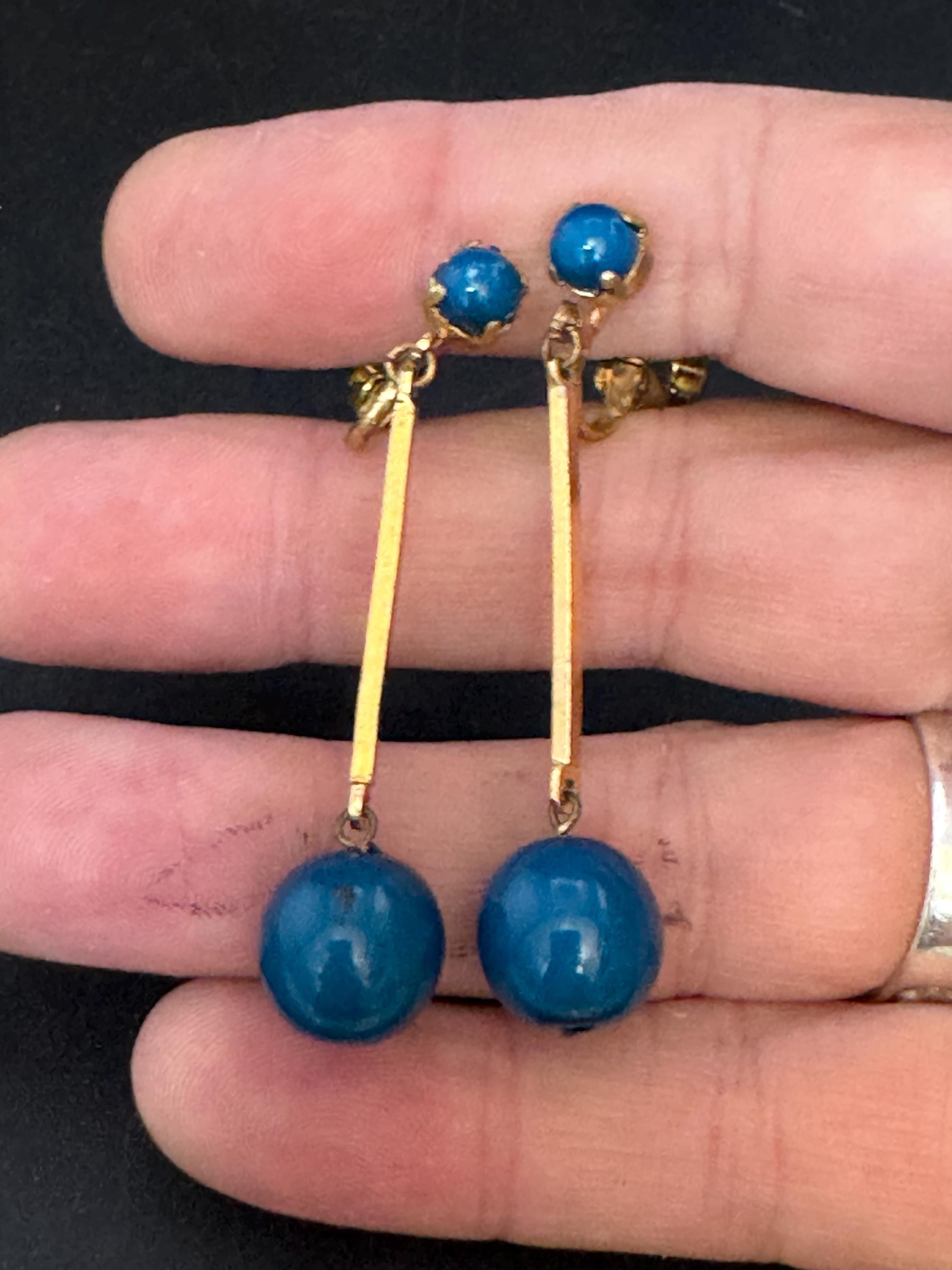 Vintage blue glass ball dangly drop clip on earrings