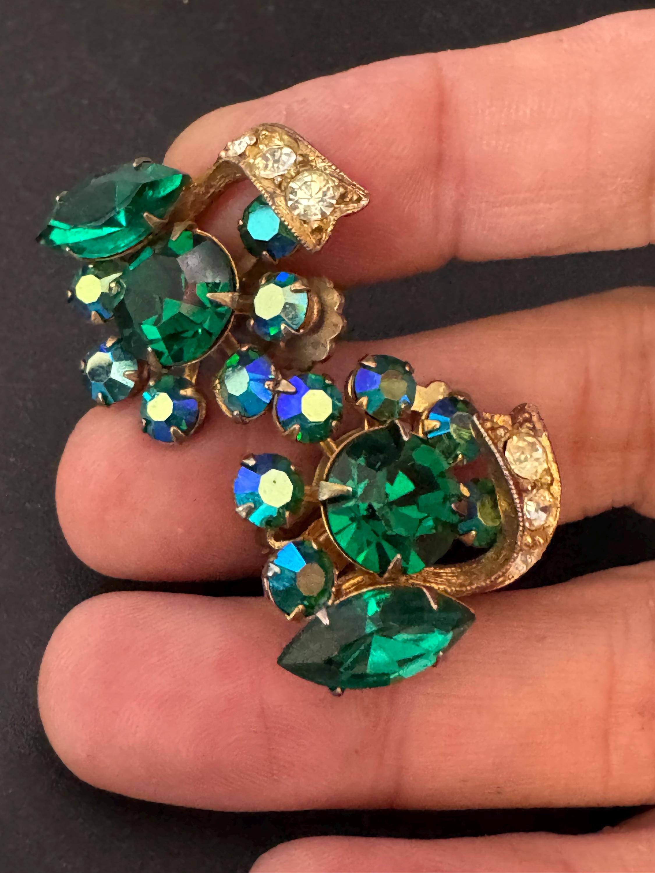 Vintage AB emerald green rhinestone Clip On Earrings Gold Tone