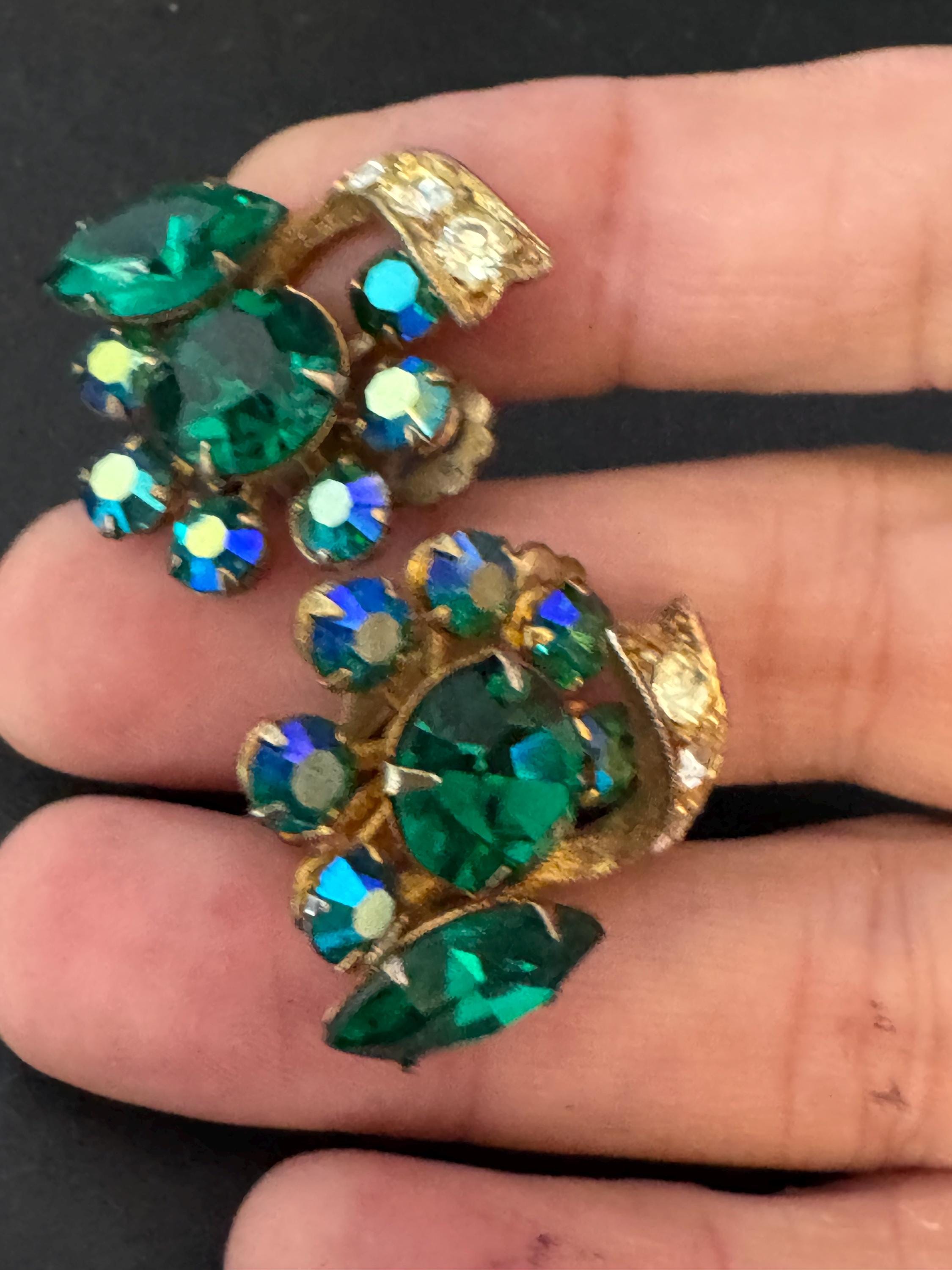Vintage AB emerald green rhinestone Clip On Earrings Gold Tone