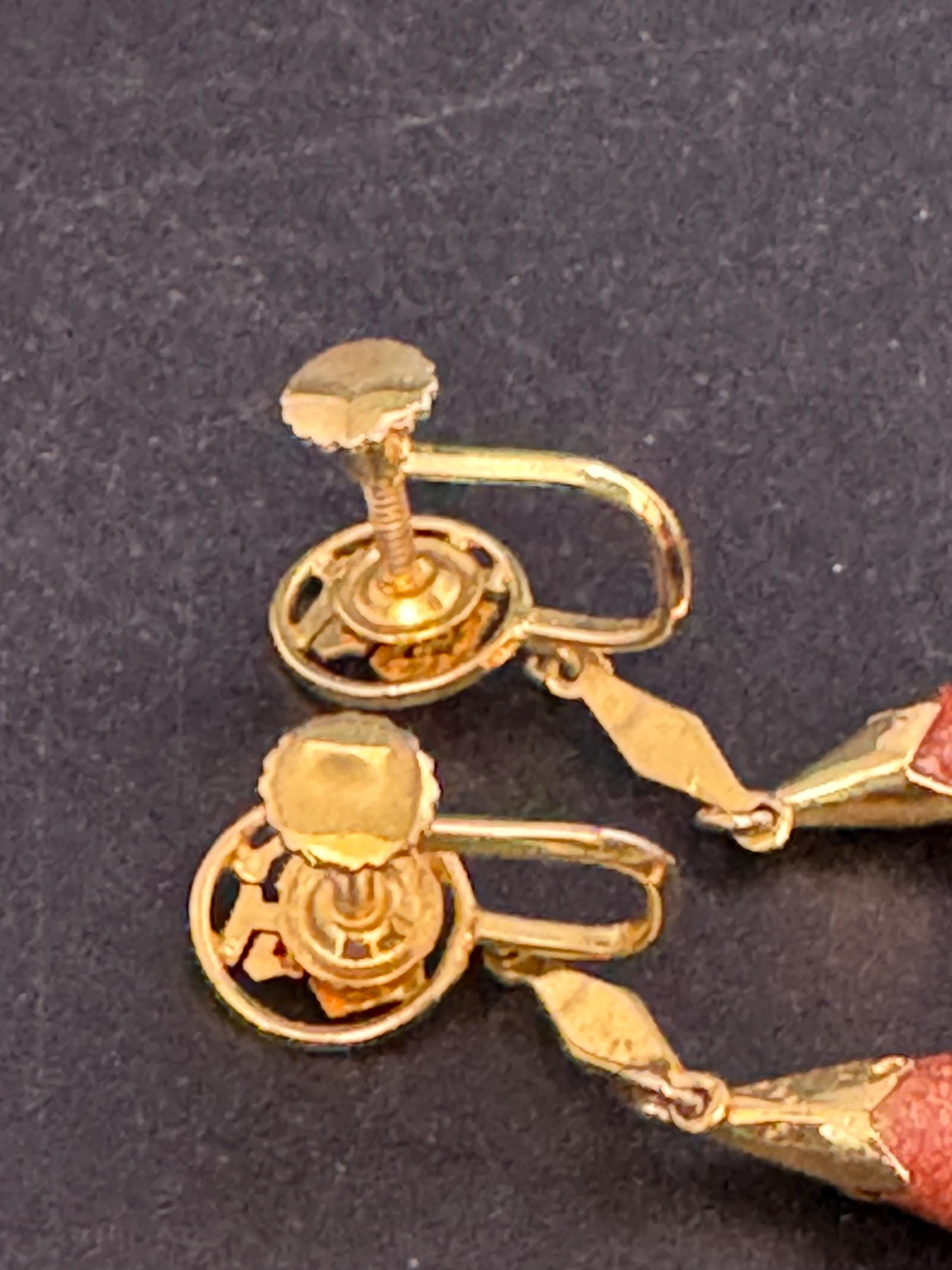 Vintage Chinese goldstone teardrop earrings, brown gold plated gemstones screw back