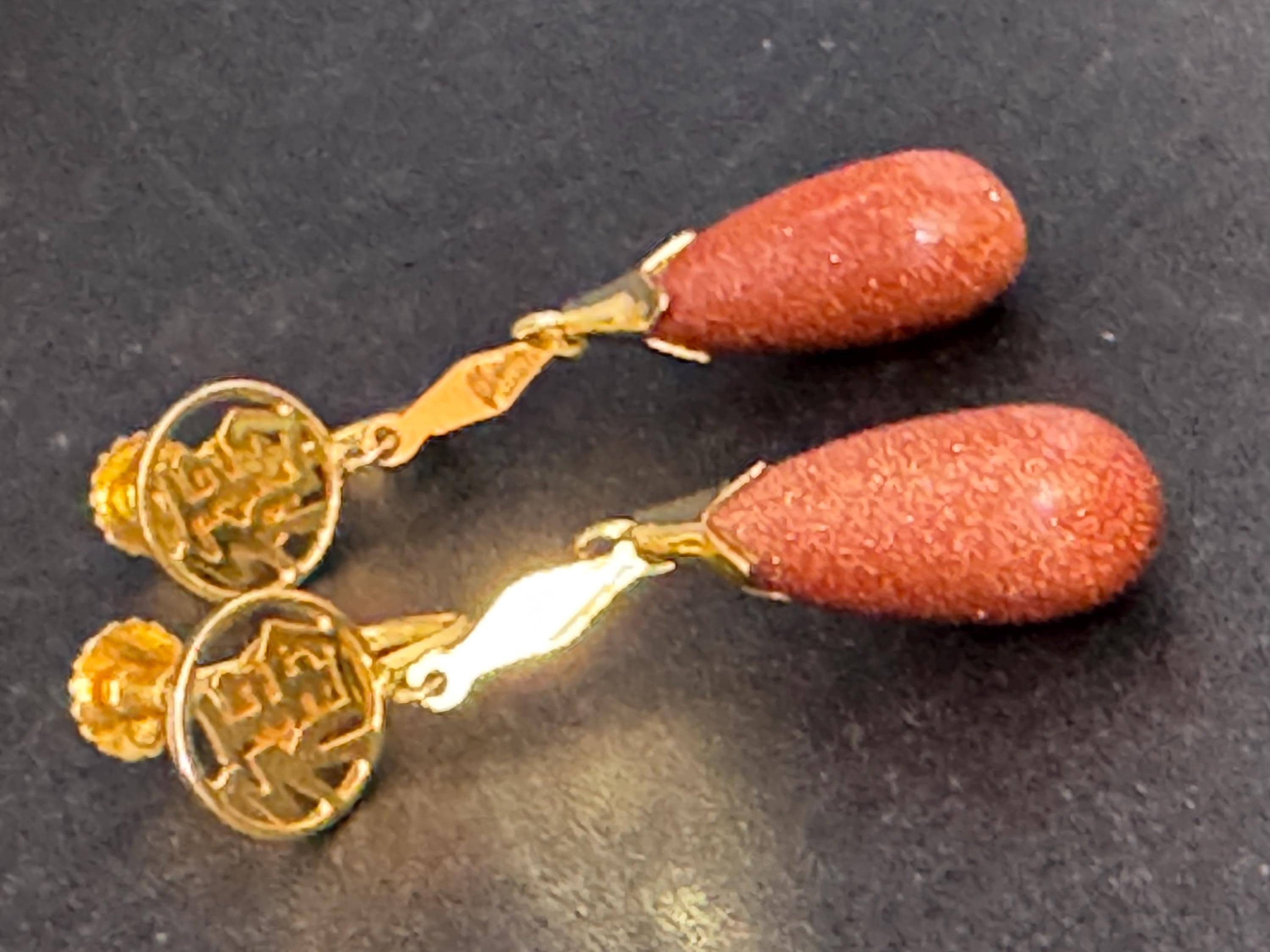 Vintage Chinese goldstone teardrop earrings, brown gold plated gemstones screw back