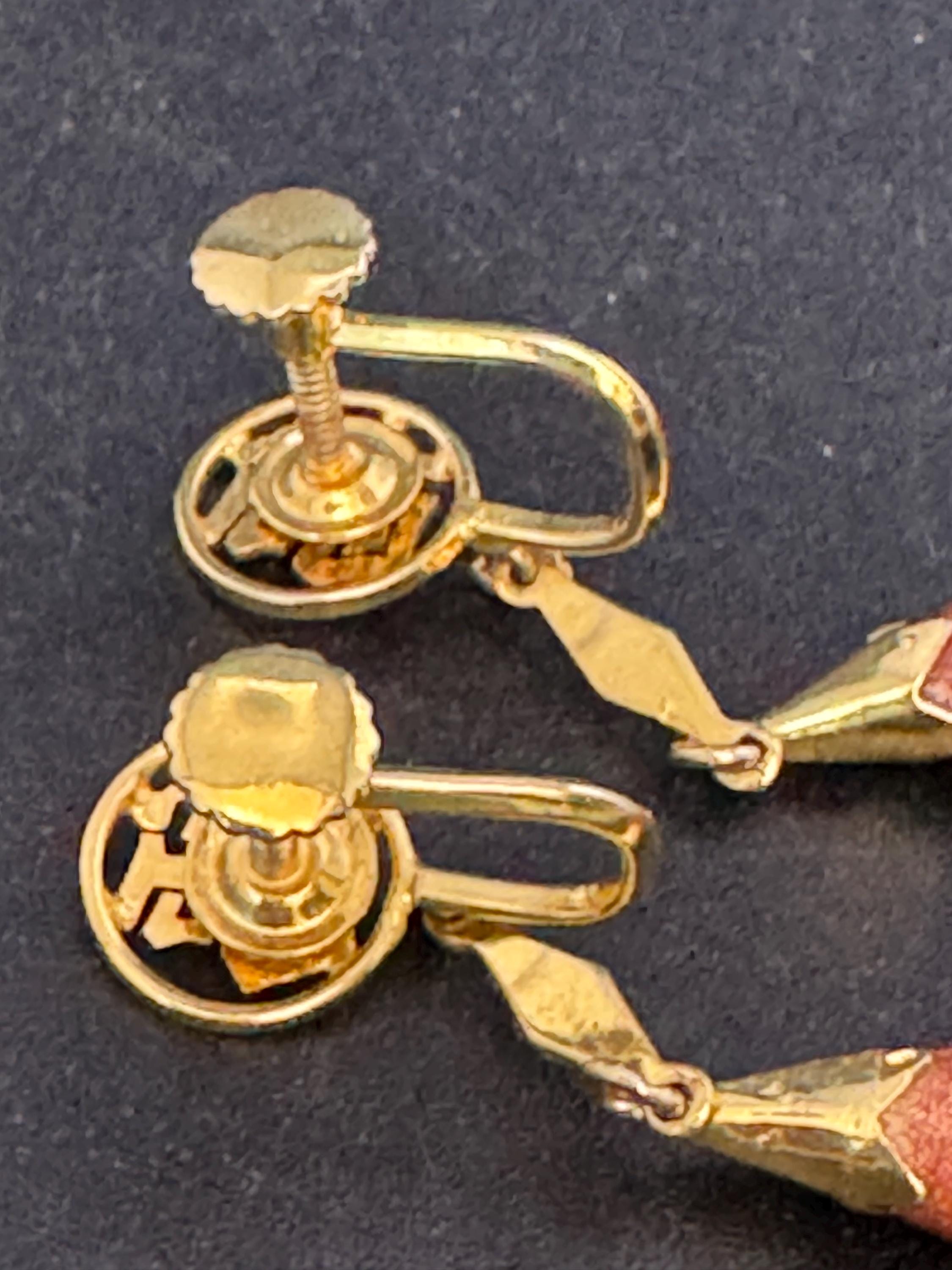 Vintage Chinese goldstone teardrop earrings, brown gold plated gemstones screw back