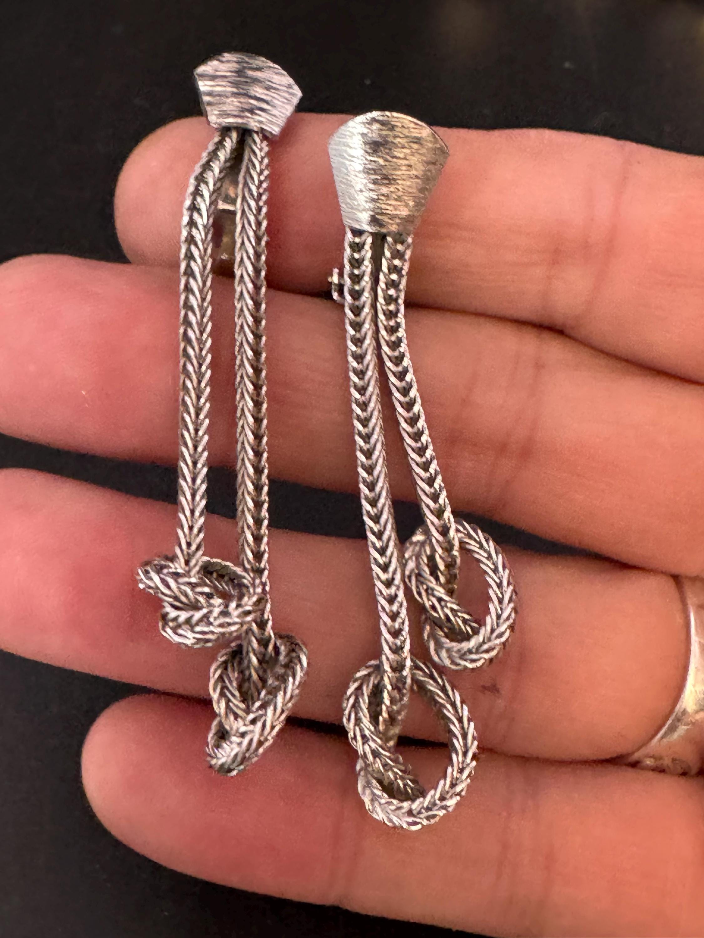 Brushed Silver tone Knot Tassel Drop mesh Earrings: 1970s Dangly Chain