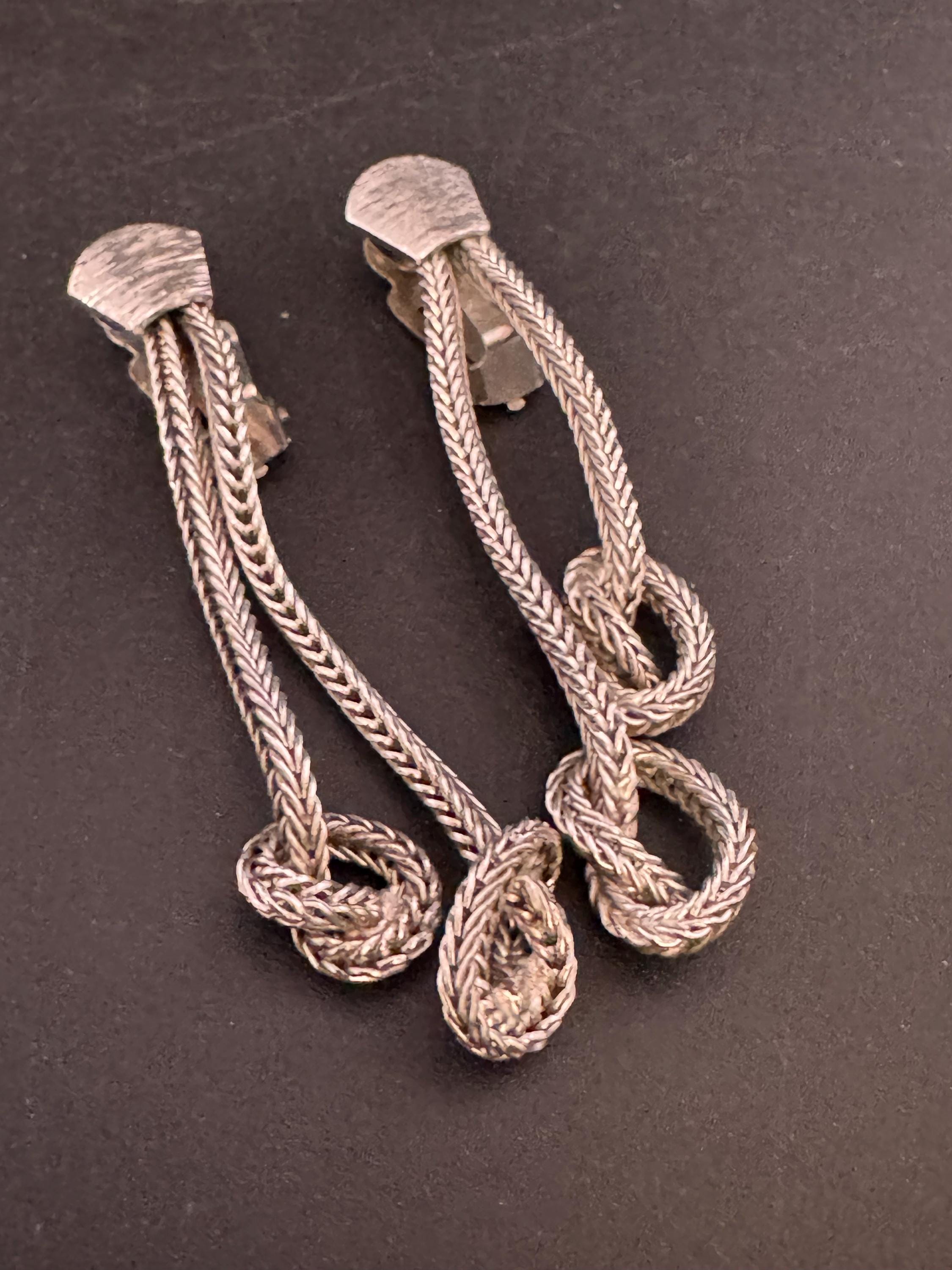 Brushed Silver tone Knot Tassel Drop mesh Earrings: 1970s Dangly Chain