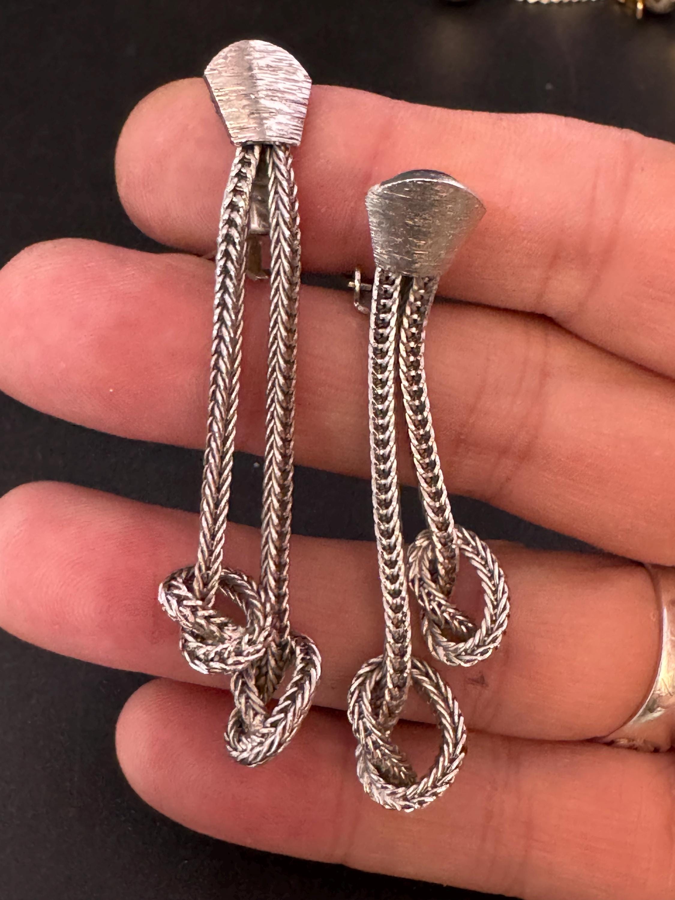 Brushed Silver tone Knot Tassel Drop mesh Earrings: 1970s Dangly Chain