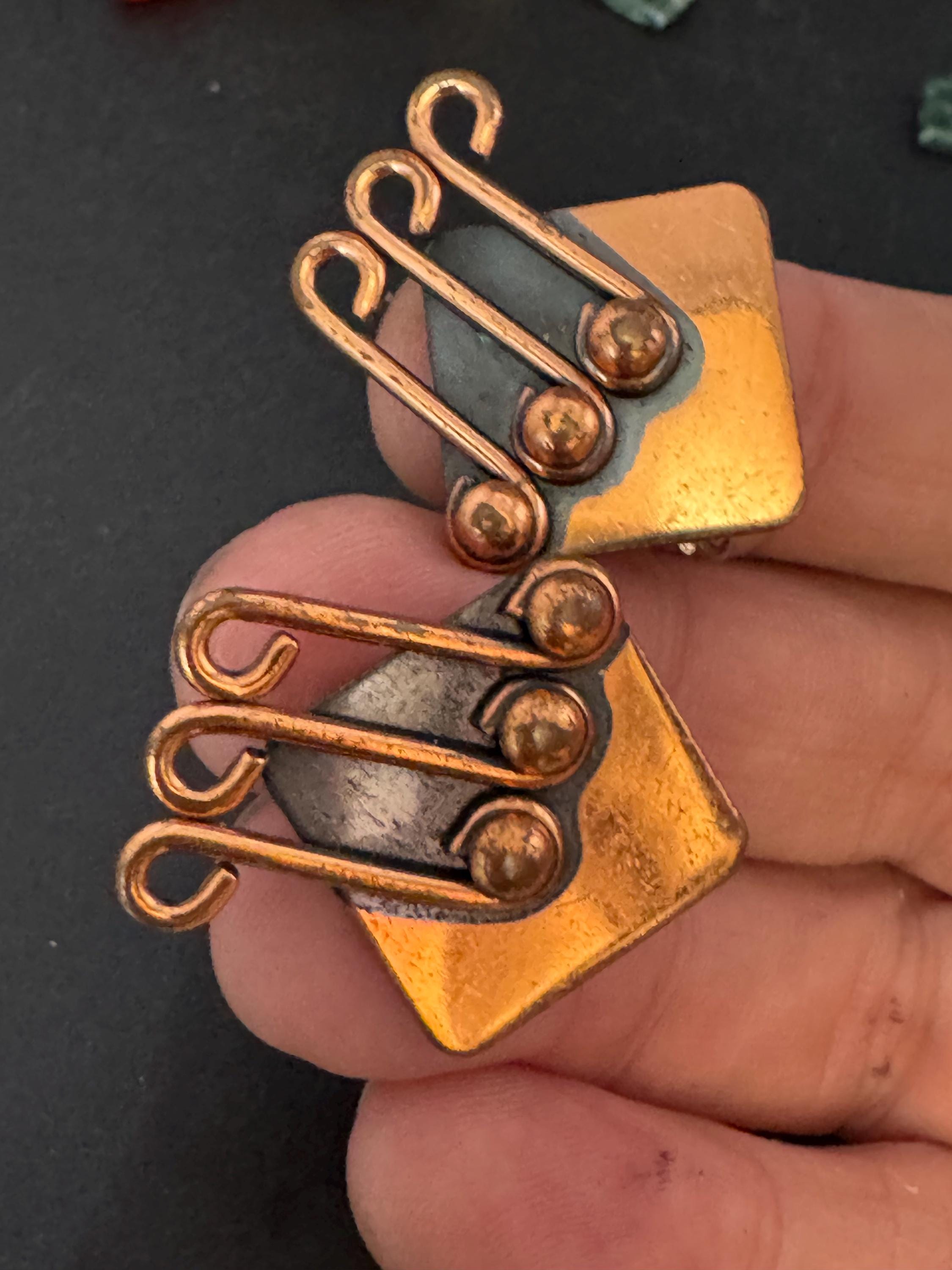 Modernist signed Renoir copper musical clip on earrings 1960s 1970s