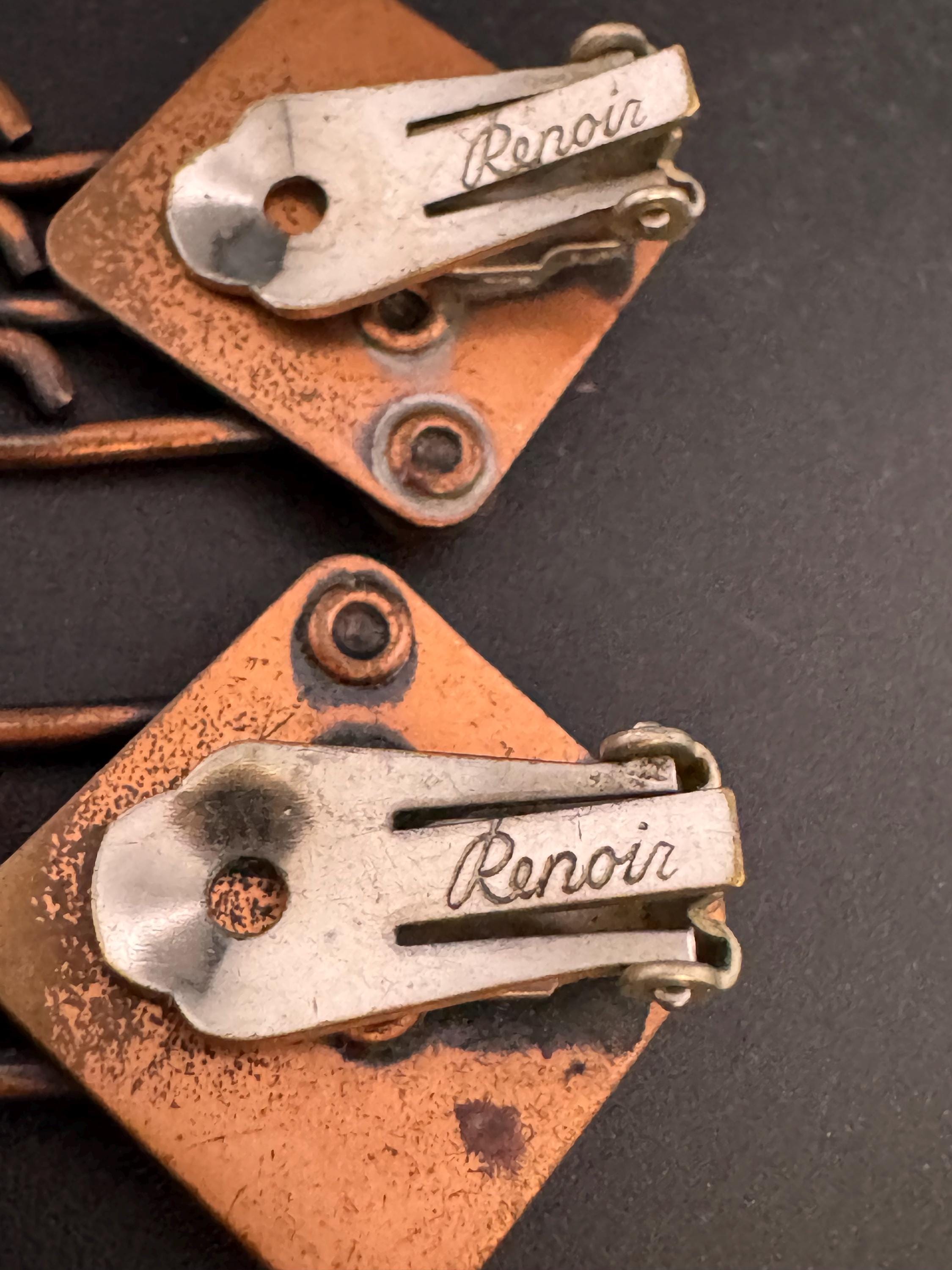 Modernist signed Renoir copper musical clip on earrings 1960s 1970s