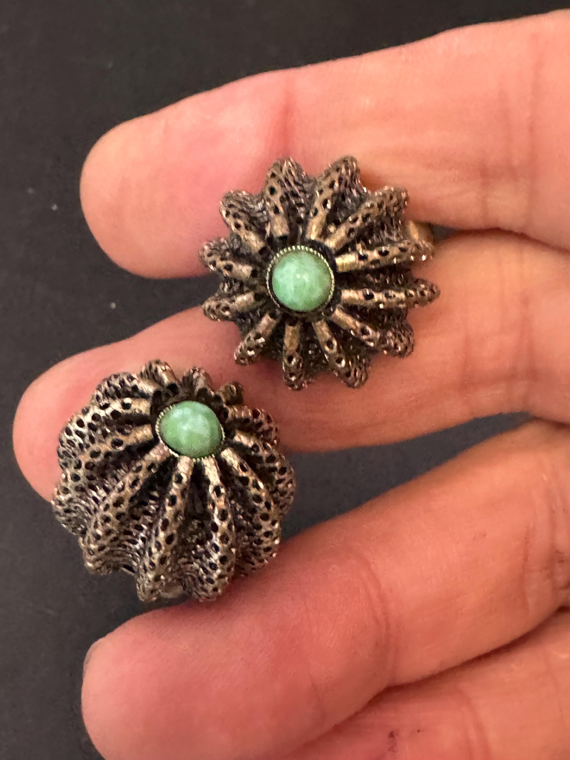 2cm Vintage Green stone mesh ball clip on earrings, silver tone