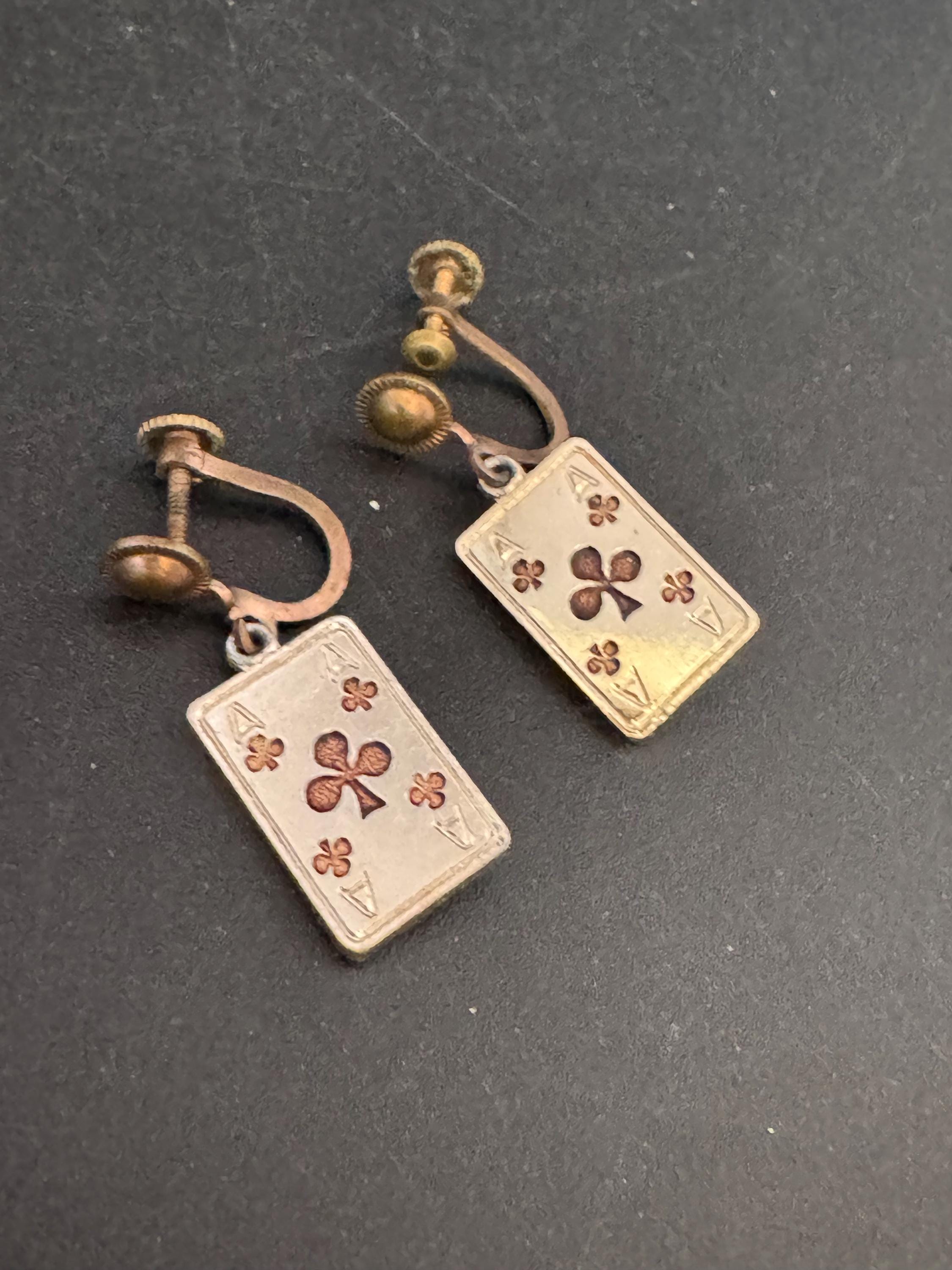 Novelty playing card gold metal clip on screw back earrings 1950s