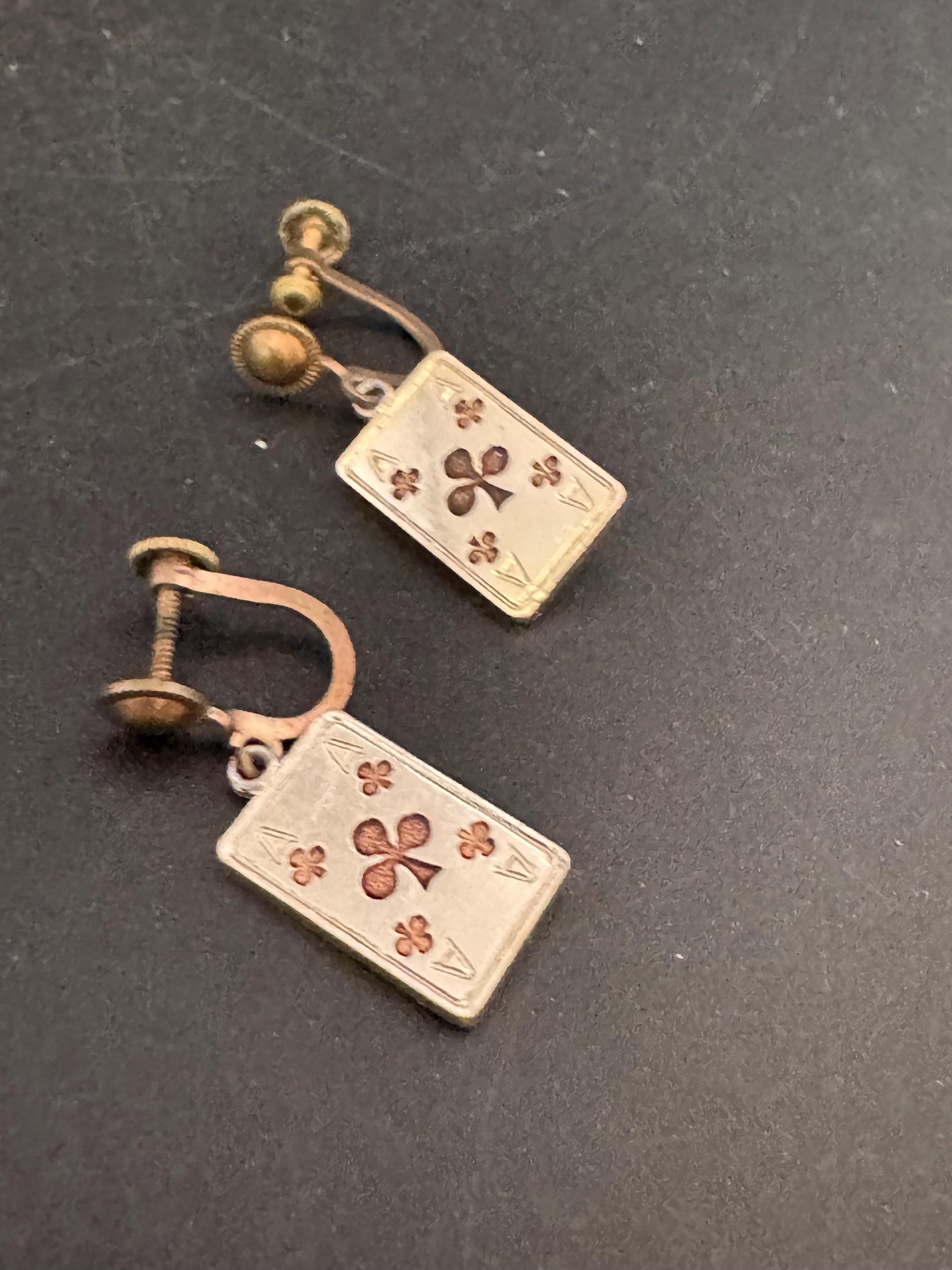Novelty playing card gold metal clip on screw back earrings 1950s