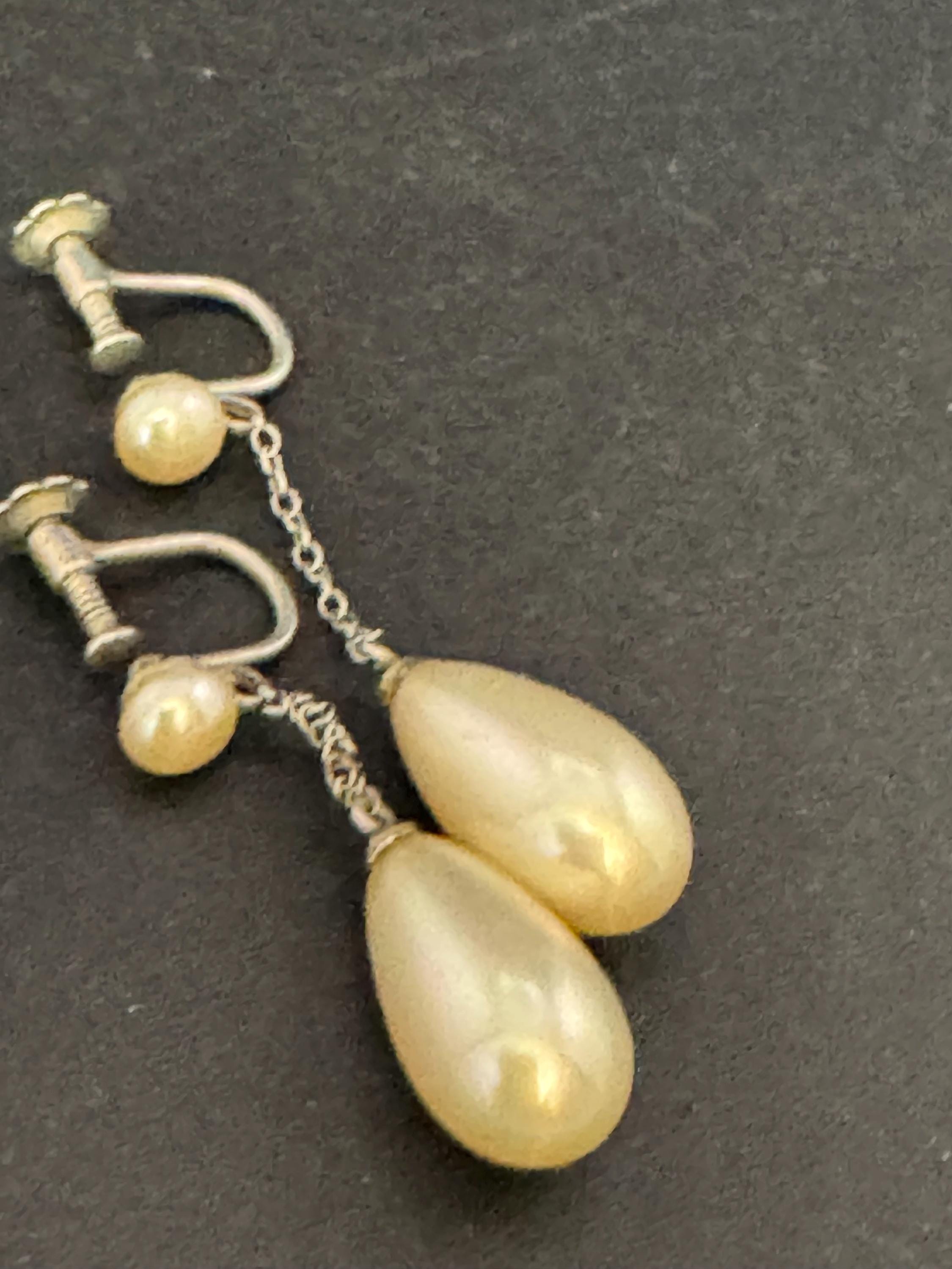 antique white metal faux pearl long teardrop Clip on screw back Earrings