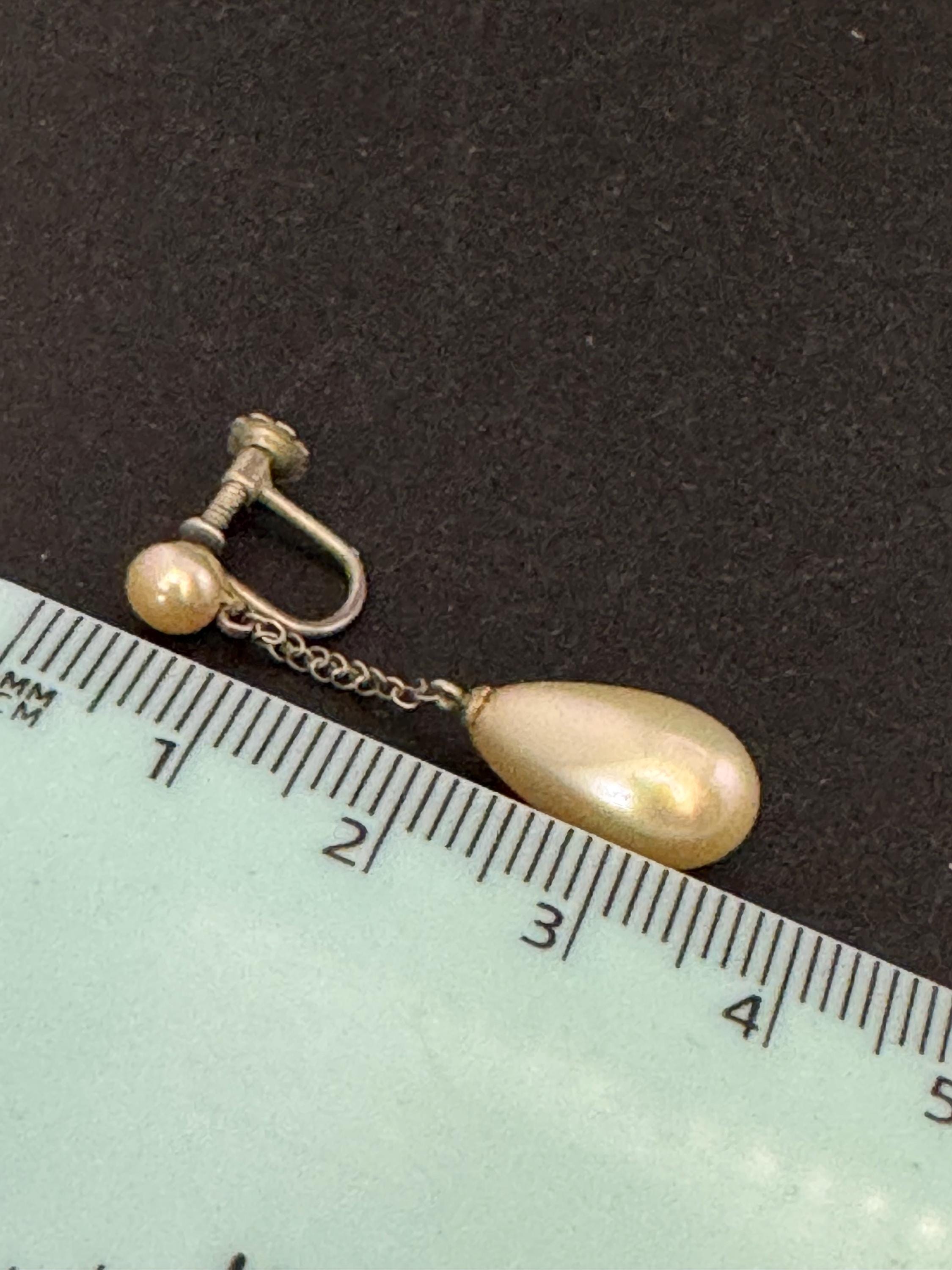antique white metal faux pearl long teardrop Clip on screw back Earrings