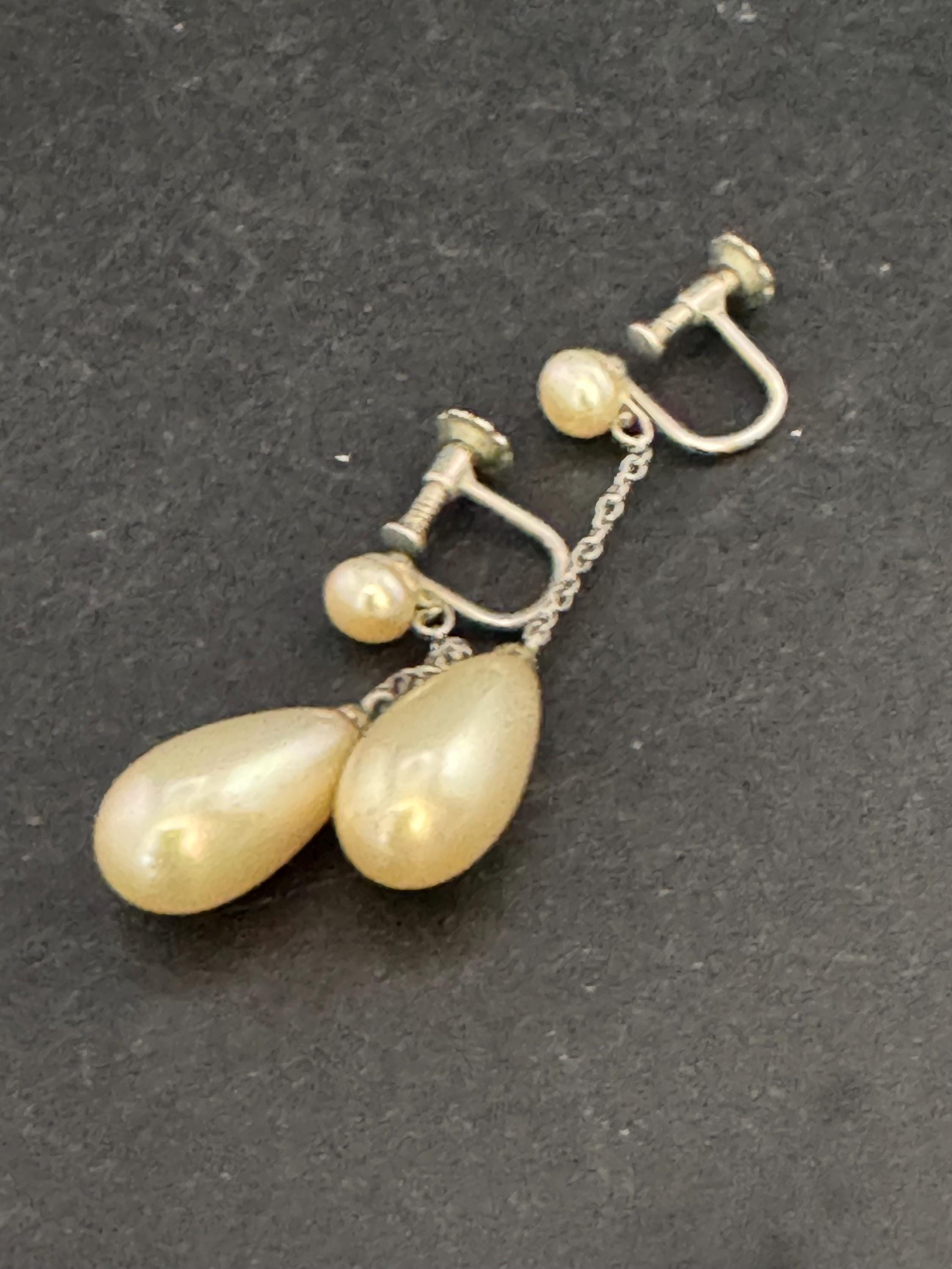 antique white metal faux pearl long teardrop Clip on screw back Earrings