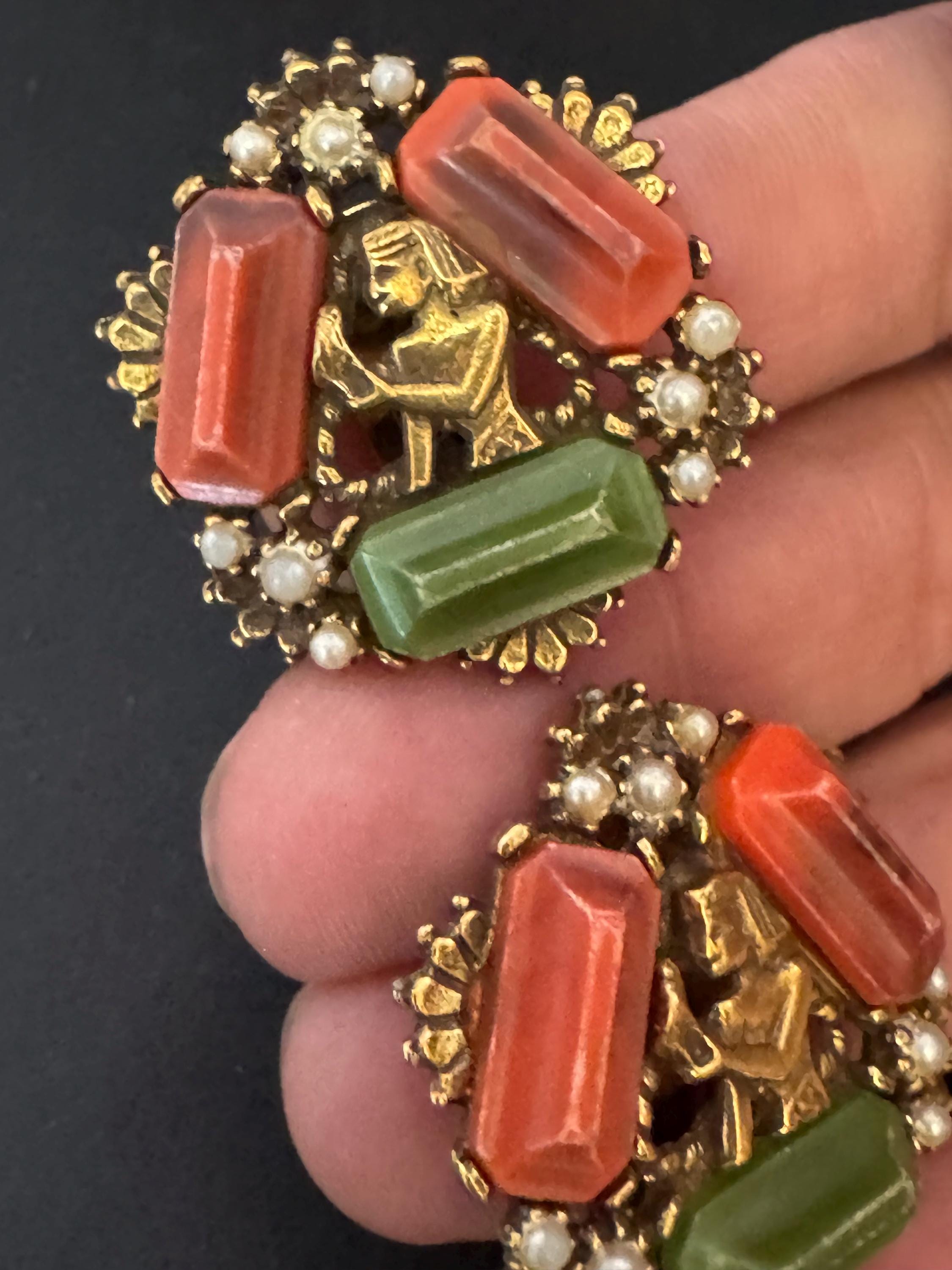 Czech Brass coral and Green Glass clip on earrings, Egyptian revival Max Neiger Style