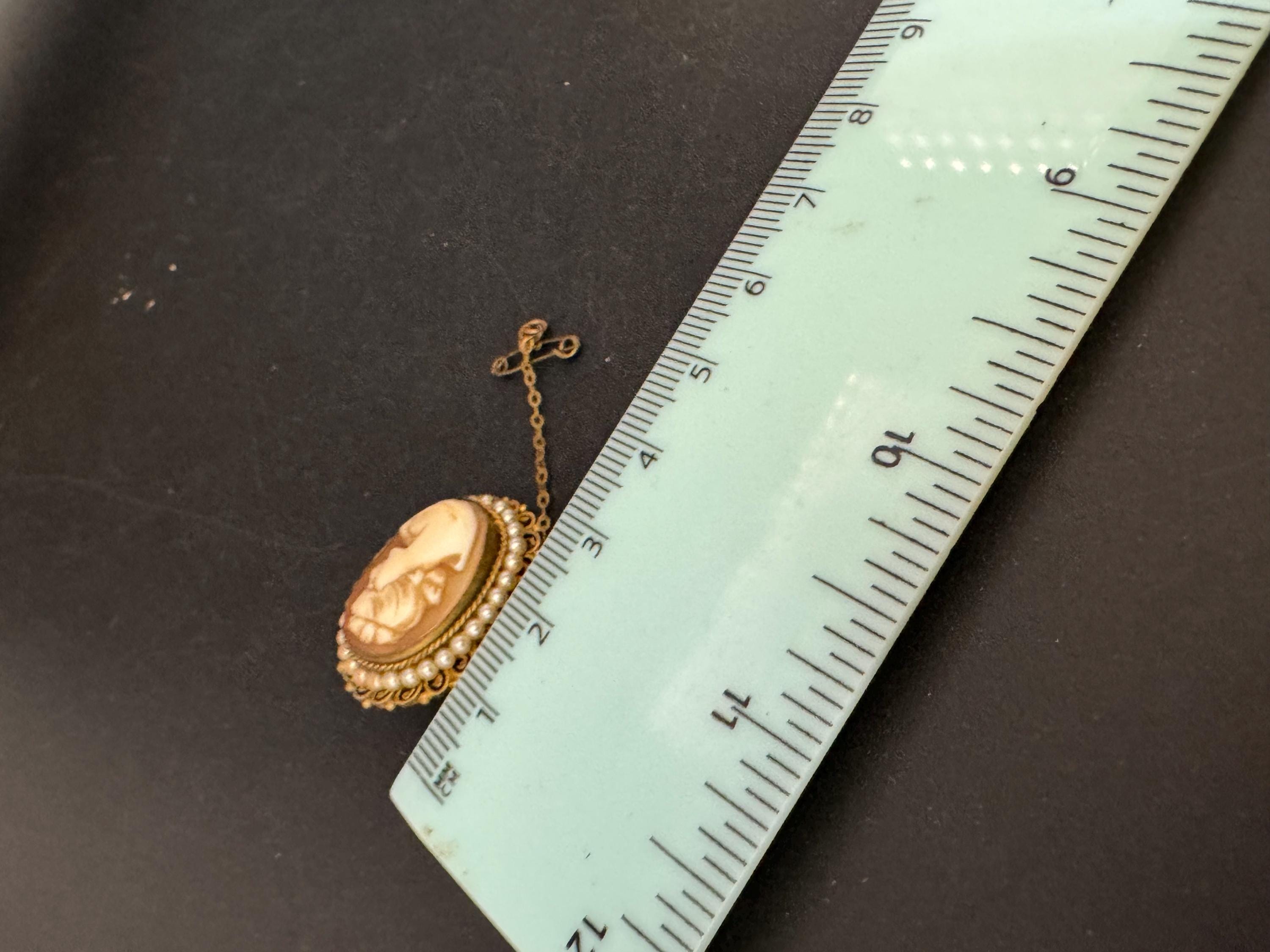 Victorian antique Carved Shell Cameo clip on earrings and brooch set with seed pearls