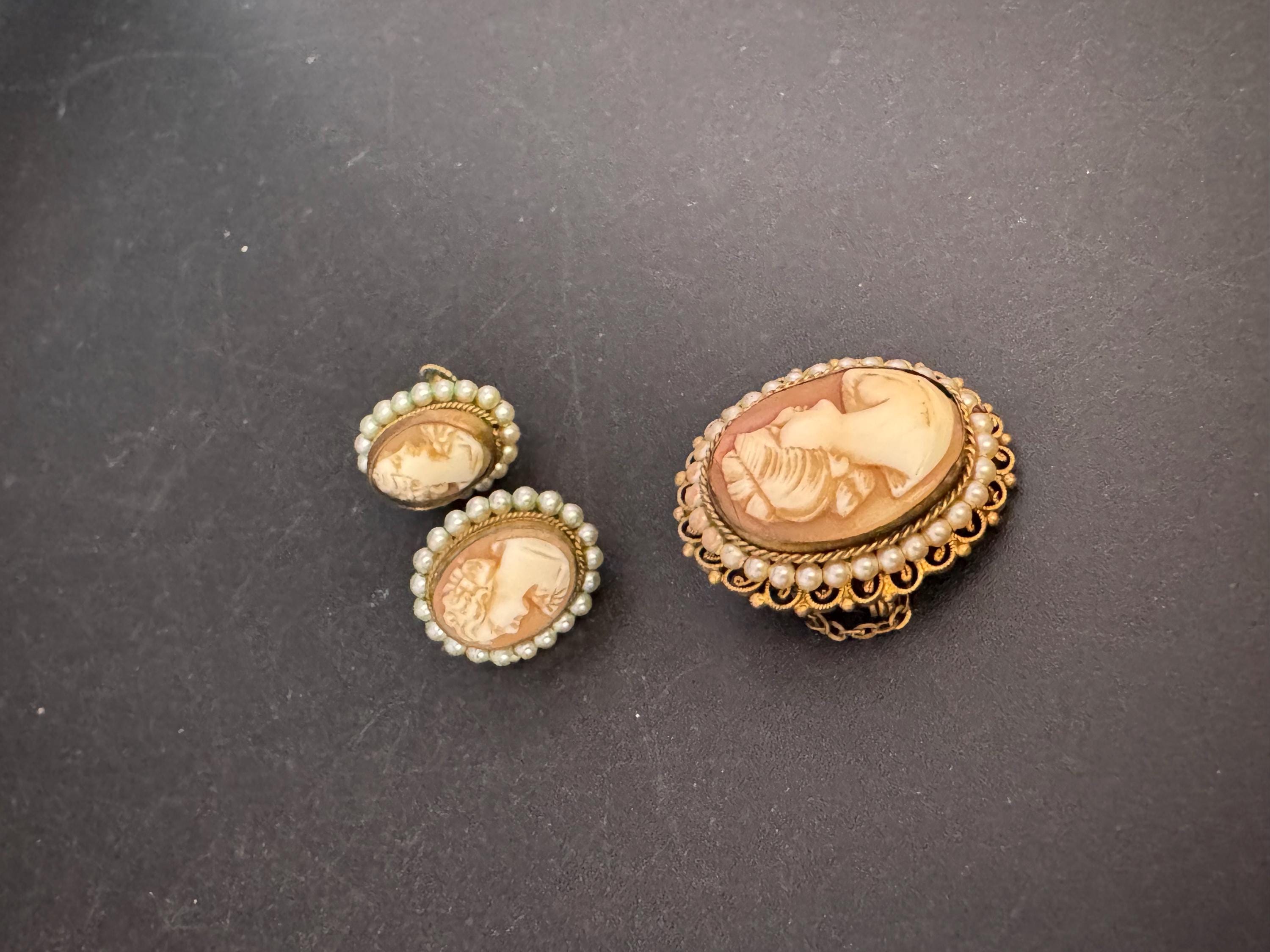 Victorian antique Carved Shell Cameo clip on earrings and brooch set with seed pearls