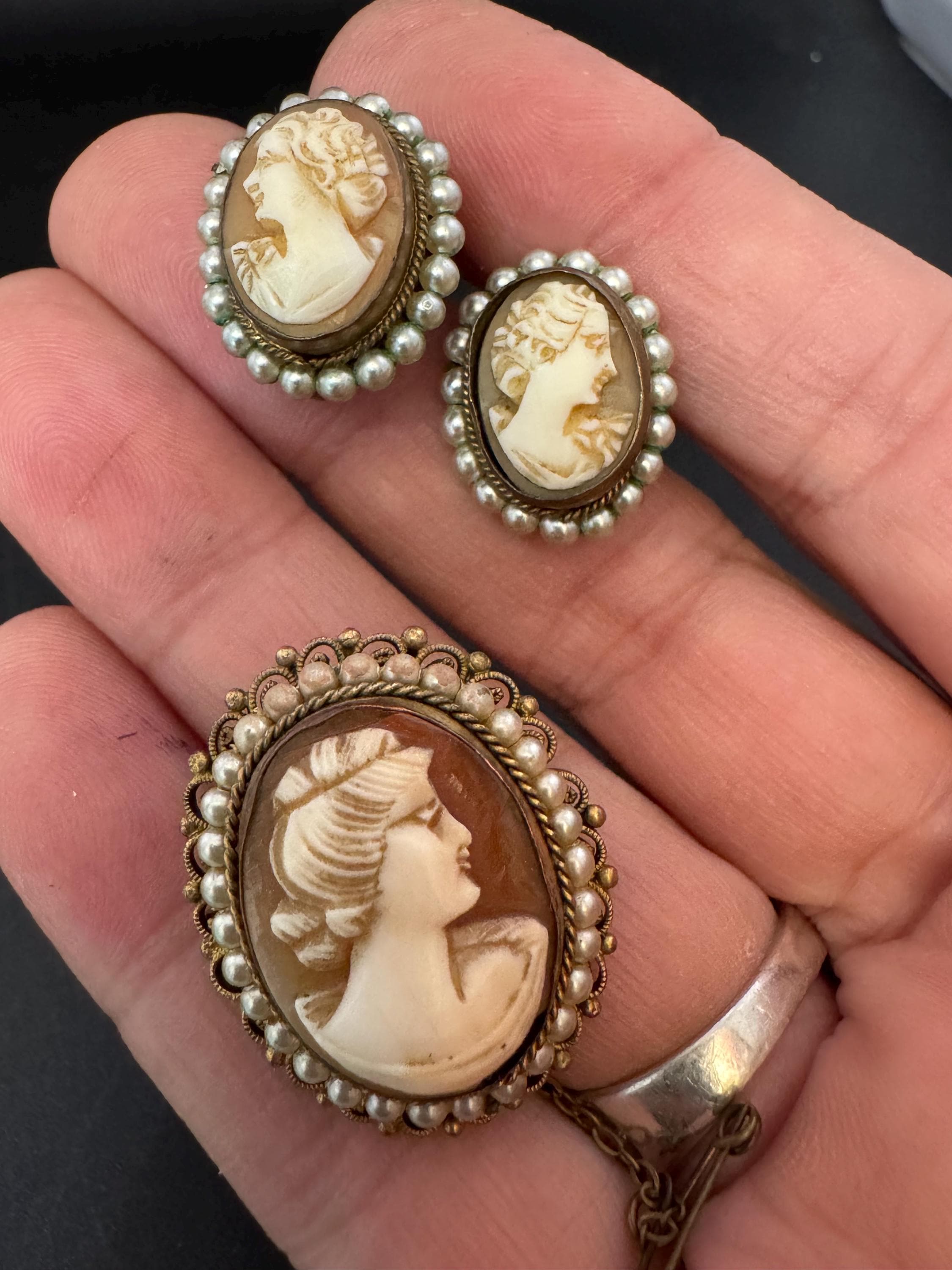 Victorian antique Carved Shell Cameo clip on earrings and brooch set with seed pearls