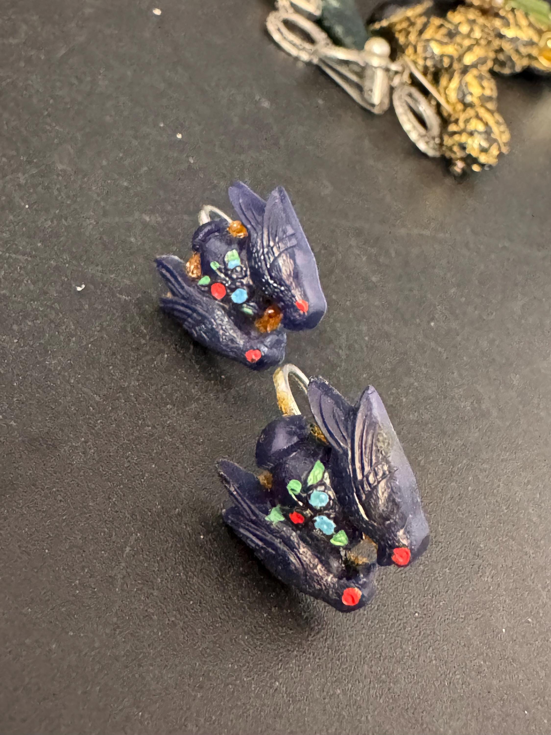 Novelty early plastic blue birds plastic screw back earrings