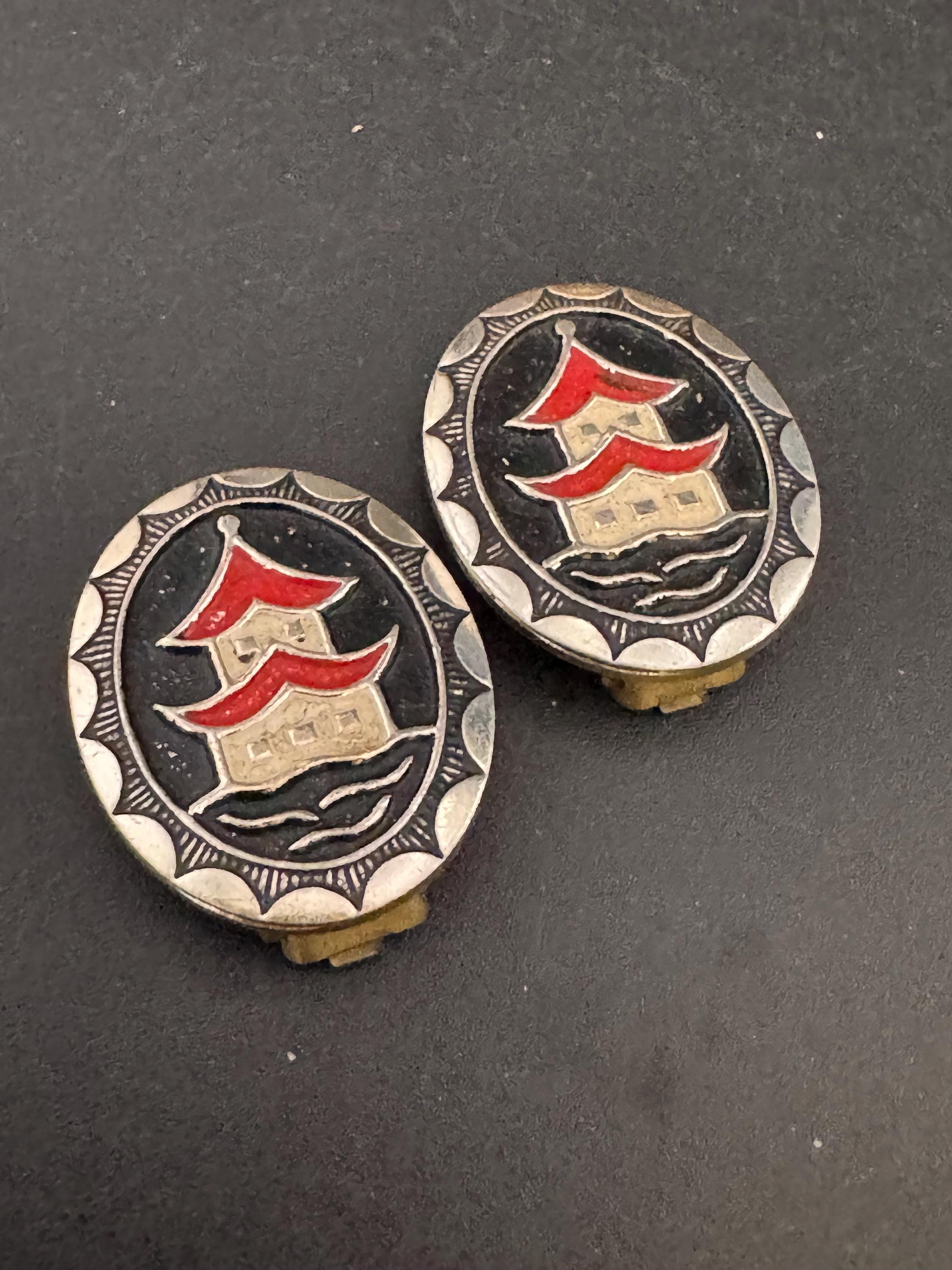 Novelty Japanese enamel pagoda clip on earrings, Eloxal lightweight