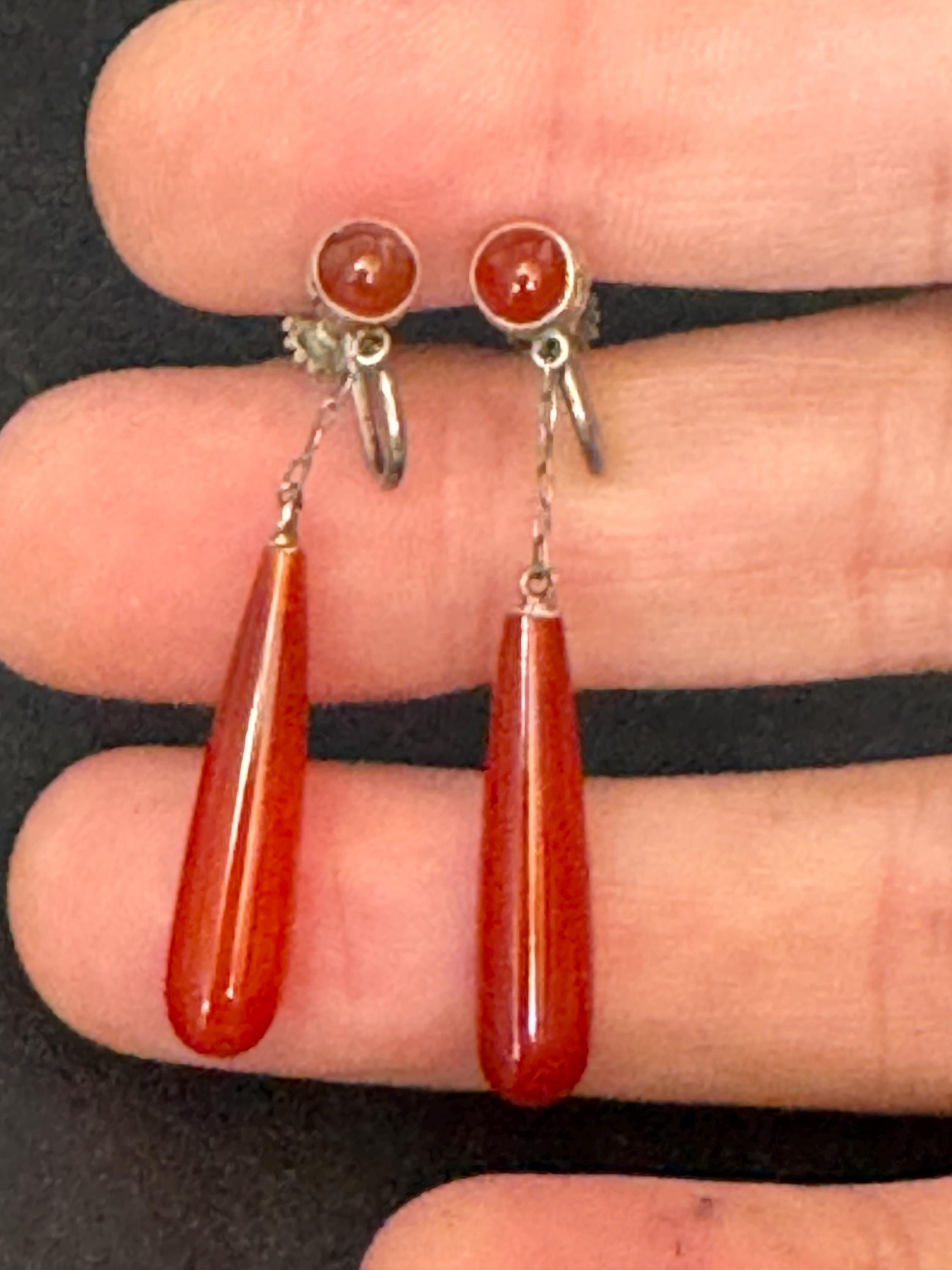 Antique Carnelian Teardrop Earrings: 1920s Screw Back Clip-Ons