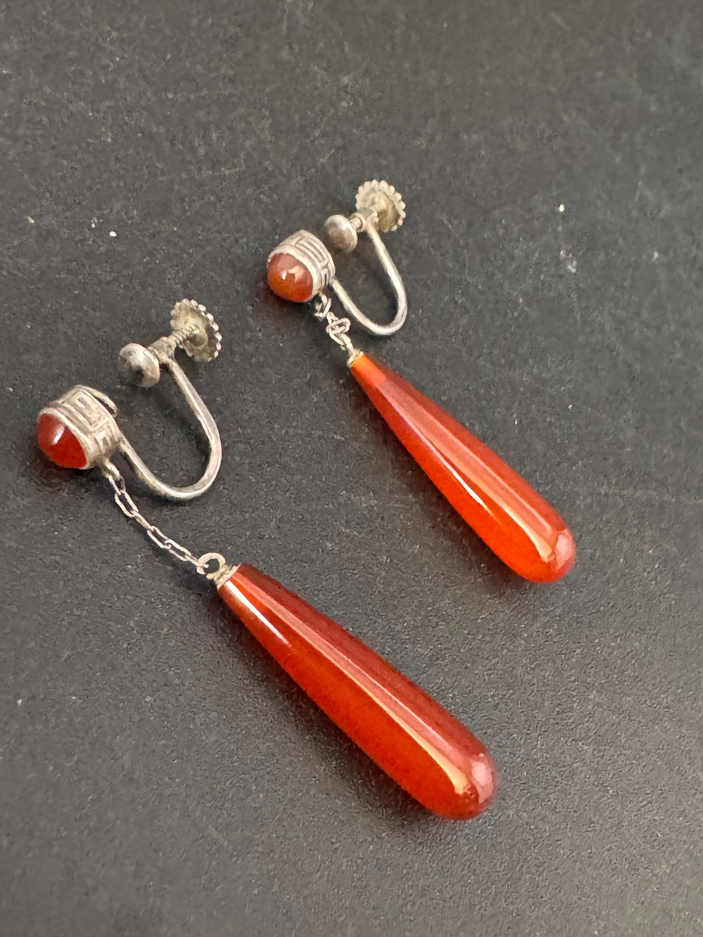 Antique Carnelian Teardrop Earrings: 1920s Screw Back Clip-Ons