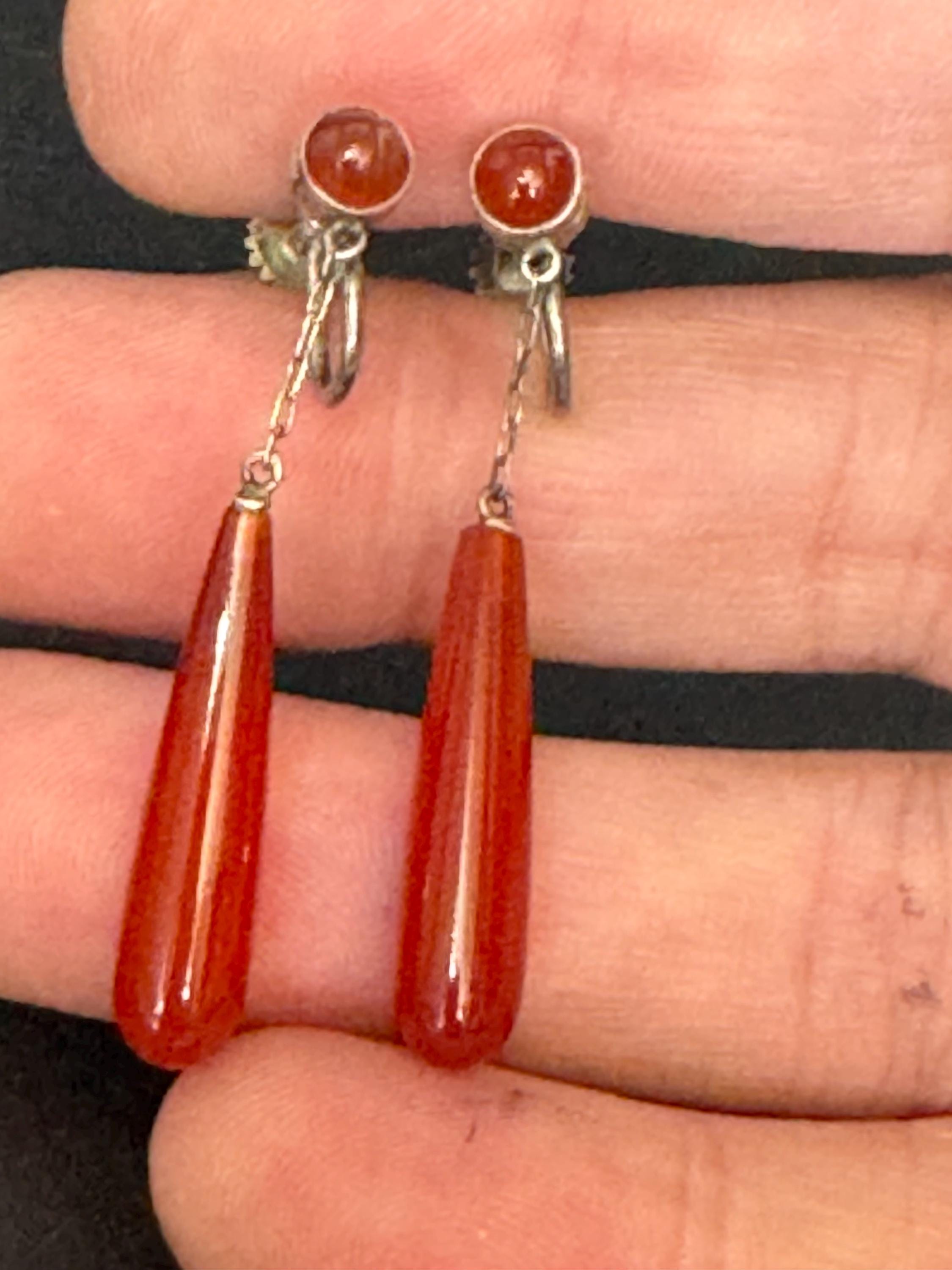 Antique Carnelian Teardrop Earrings: 1920s Screw Back Clip-Ons