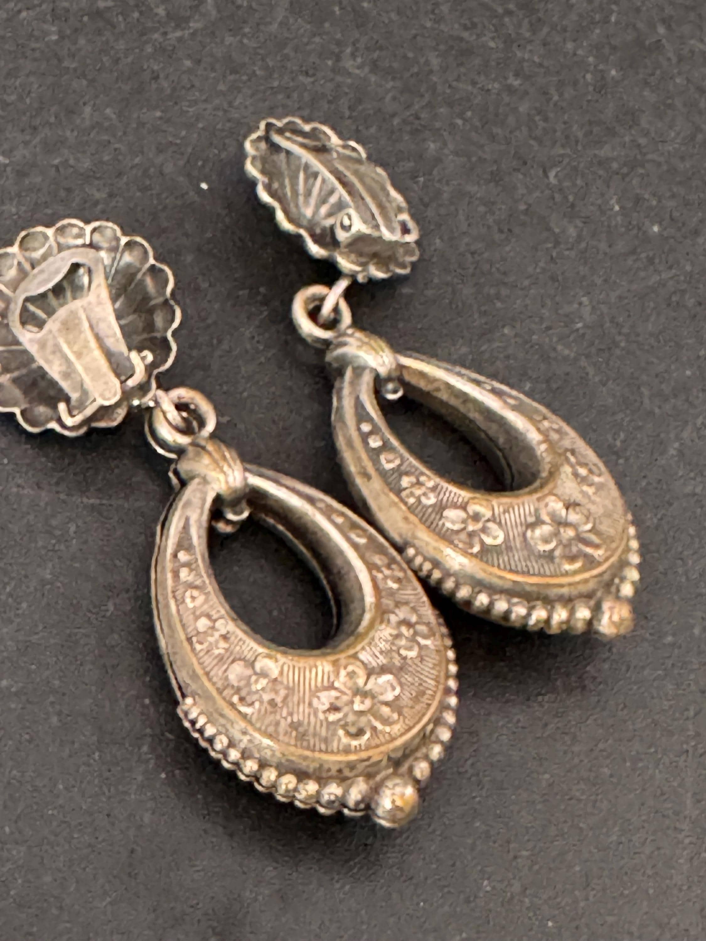 antique Victorian white metal silver etched ornate puffy door knocker earrings