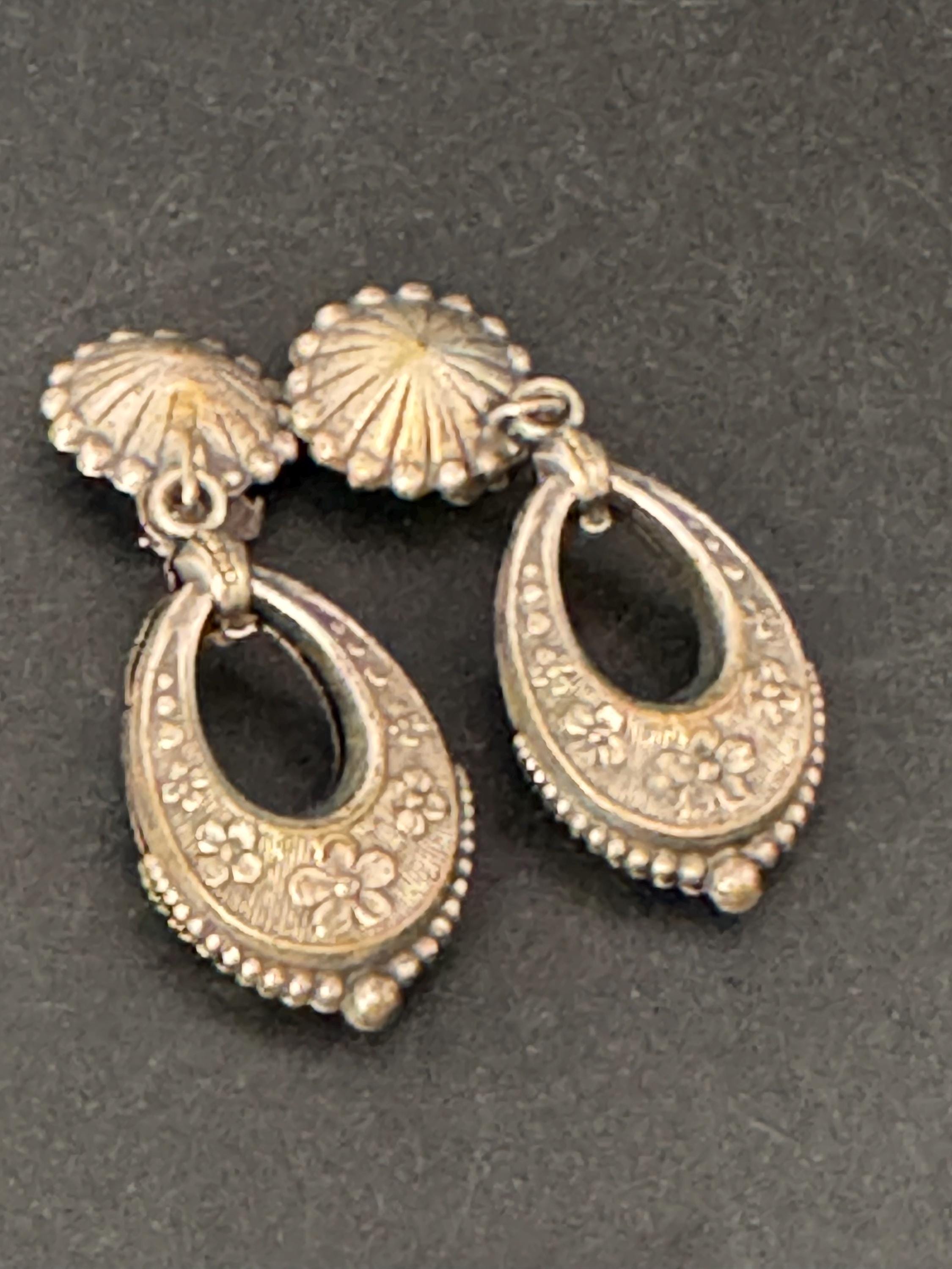 antique Victorian white metal silver etched ornate puffy door knocker earrings