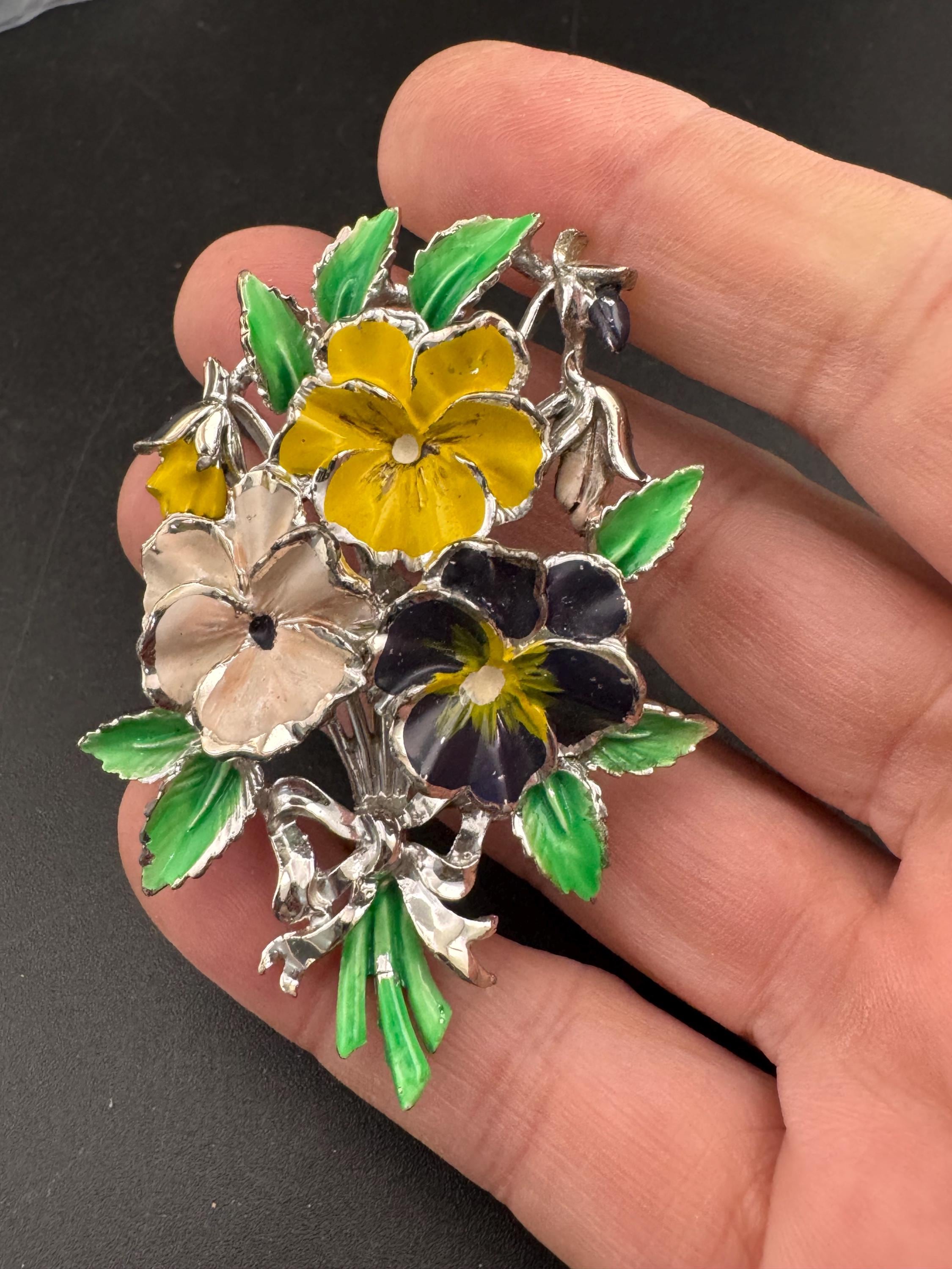Vintage Enamel Exquisite floral birthday series brooch, purple pansey flowers