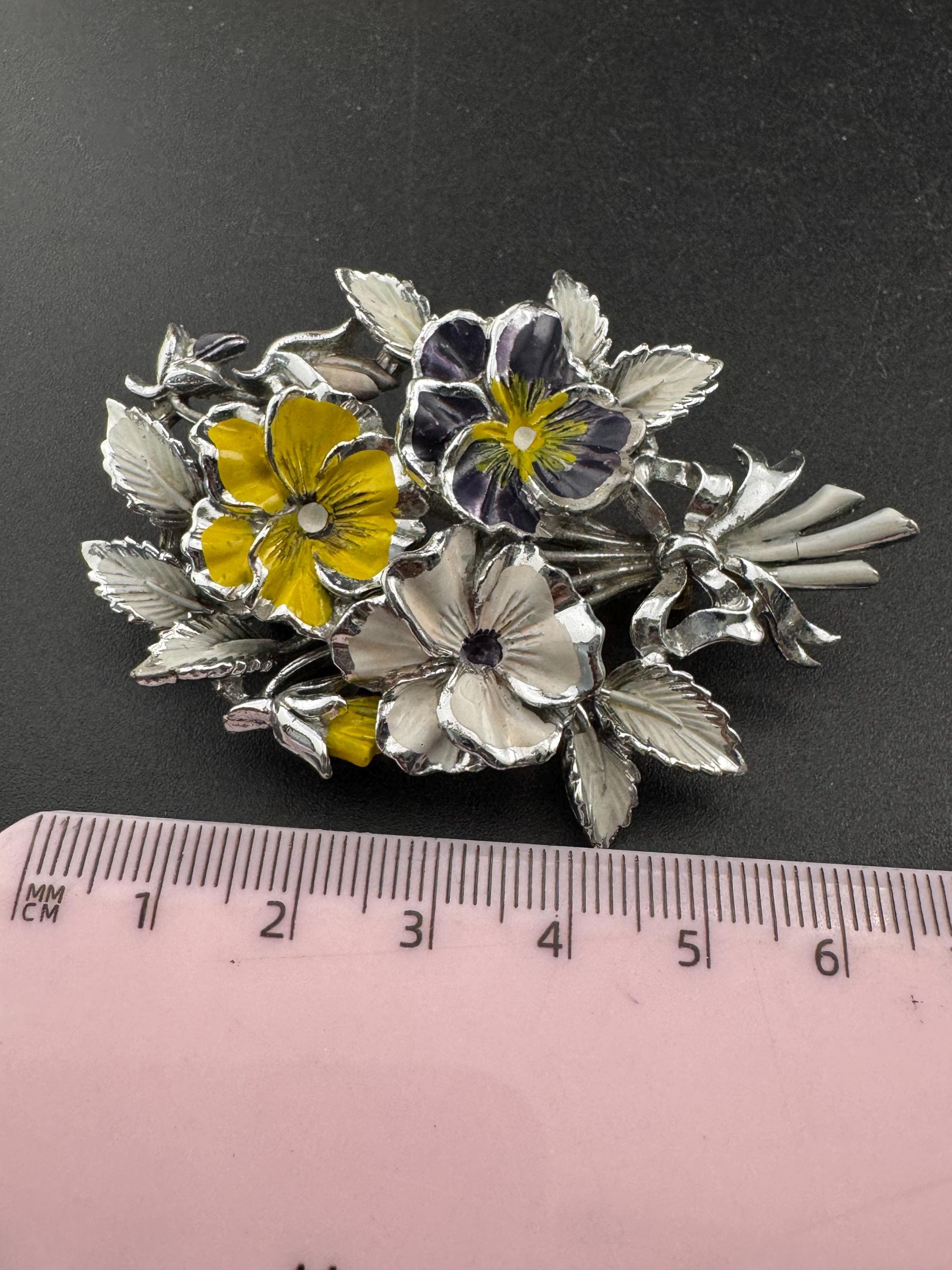 Vintage Enamel Exquisite floral birthday series brooch, purple pansey flowers