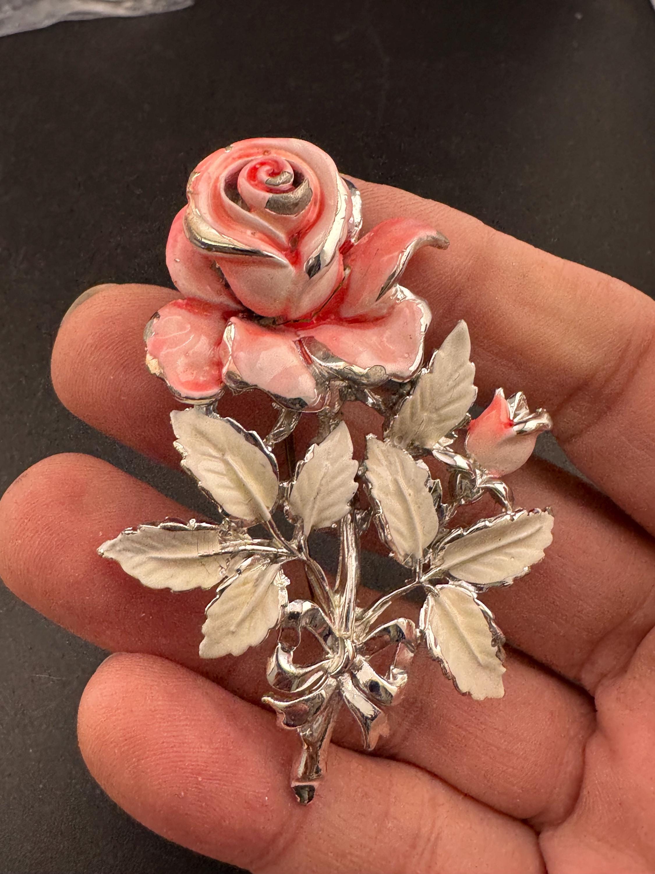 Vintage Enamel Exquisite floral birthday series brooch, pink rose flowers