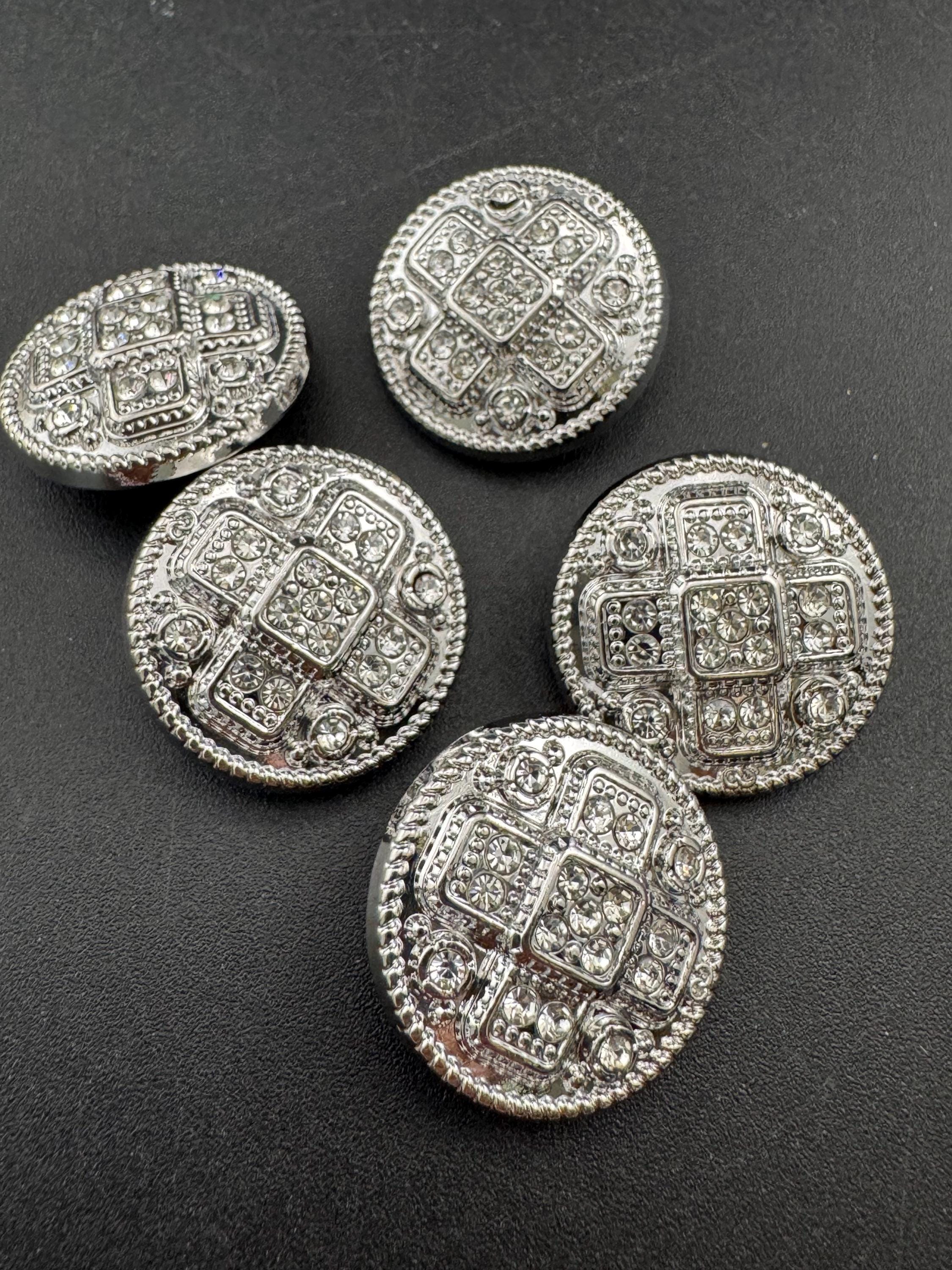 Set of 5 silver Tone Diamanté Crystal Shank Buttons (23mm)