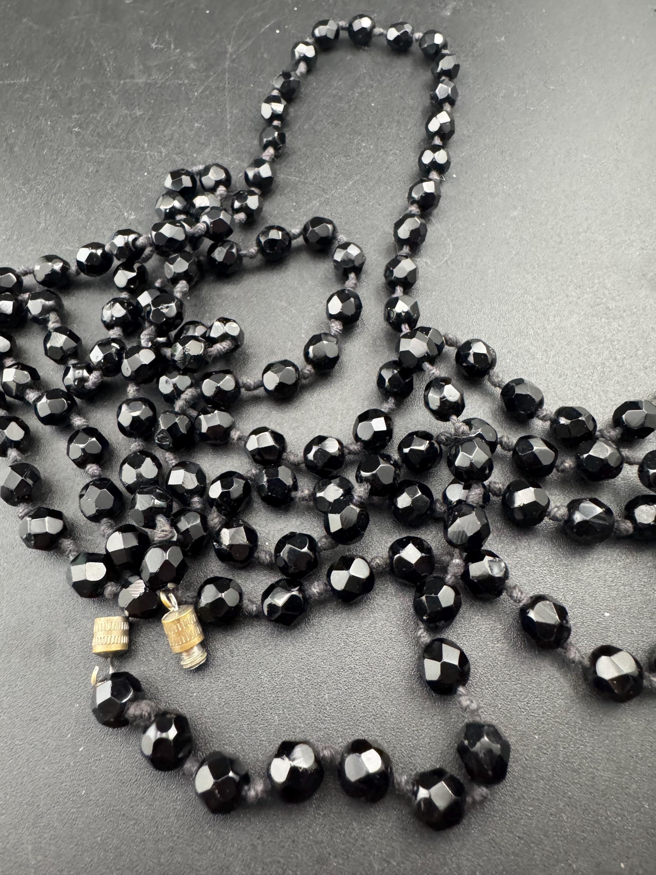 Vintage French Jet Black Glass Flapper Necklace: Long Faceted Art Deco Beads 150cm