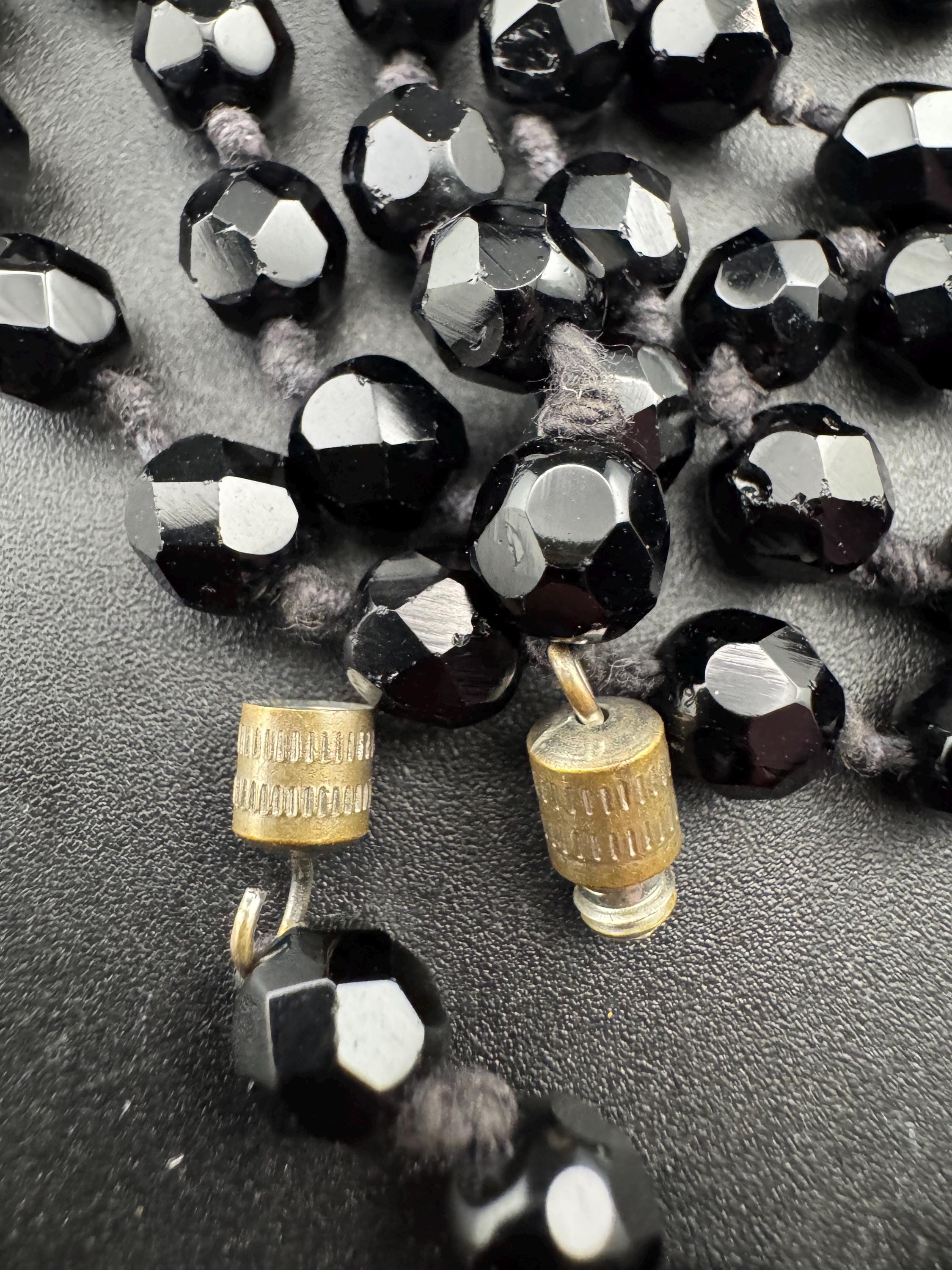 Vintage French Jet Black Glass Flapper Necklace: Long Faceted Art Deco Beads 150cm