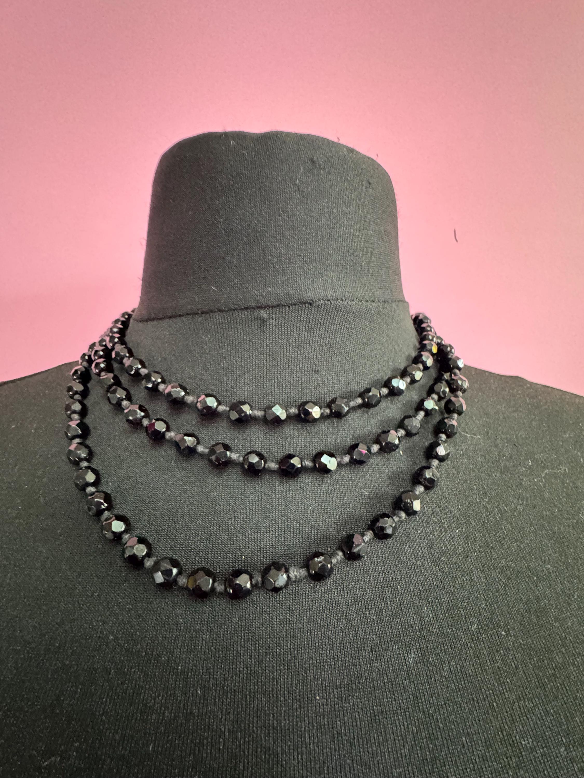 Vintage French Jet Black Glass Flapper Necklace: Long Faceted Art Deco Beads 150cm