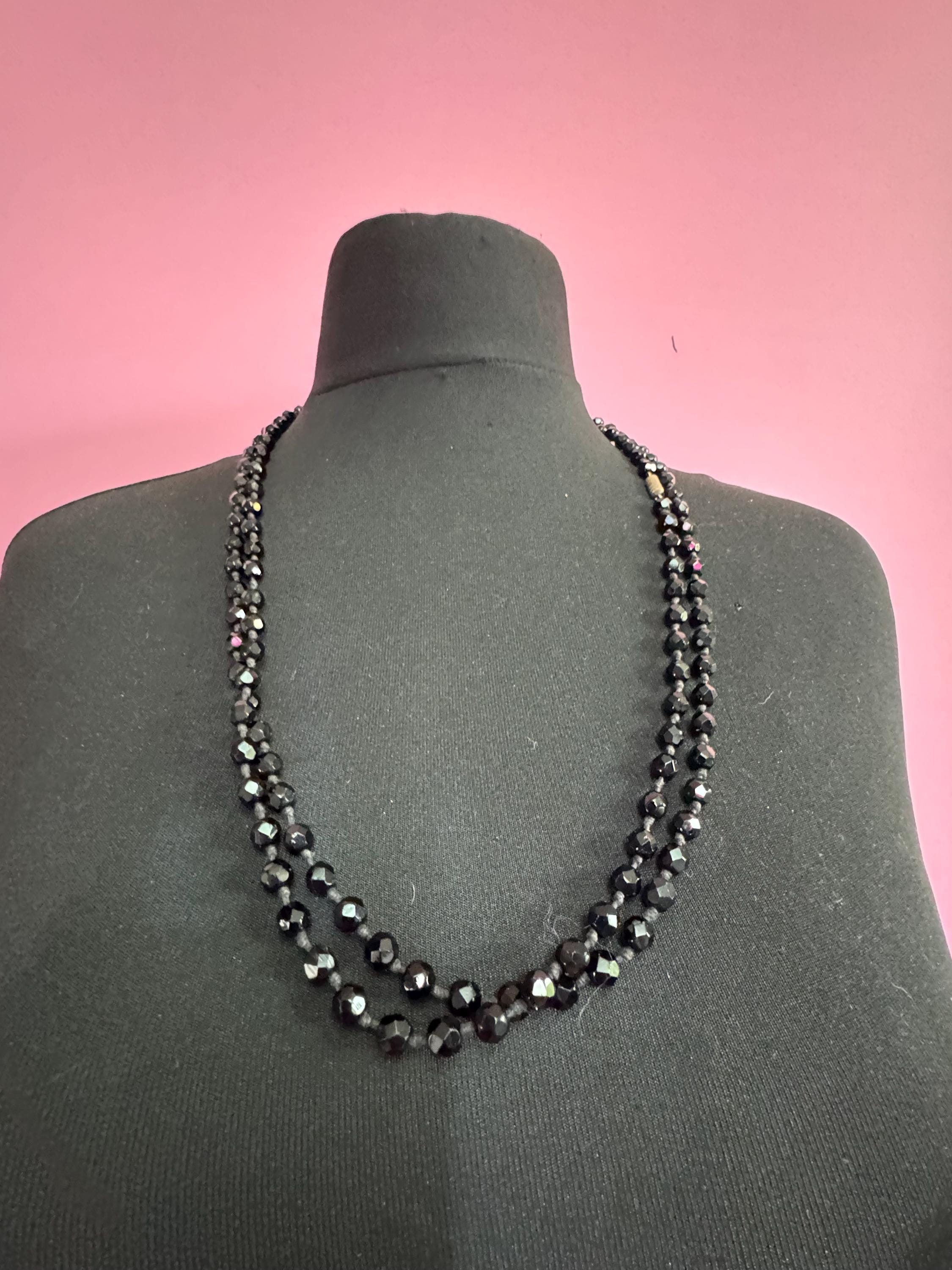 Vintage French Jet Black Glass Flapper Necklace: Long Faceted Art Deco Beads 150cm
