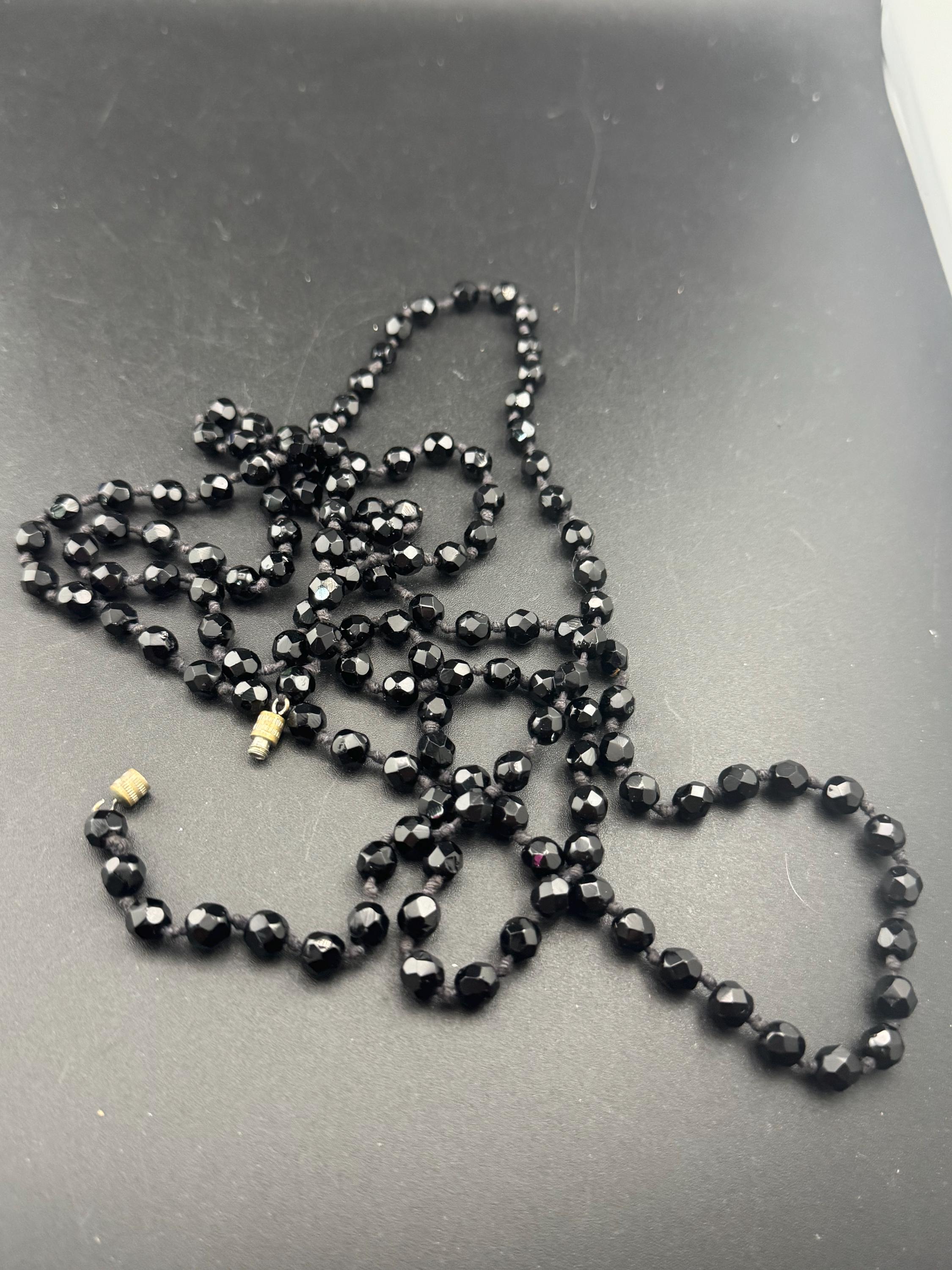 Vintage French Jet Black Glass Flapper Necklace: Long Faceted Art Deco Beads 150cm