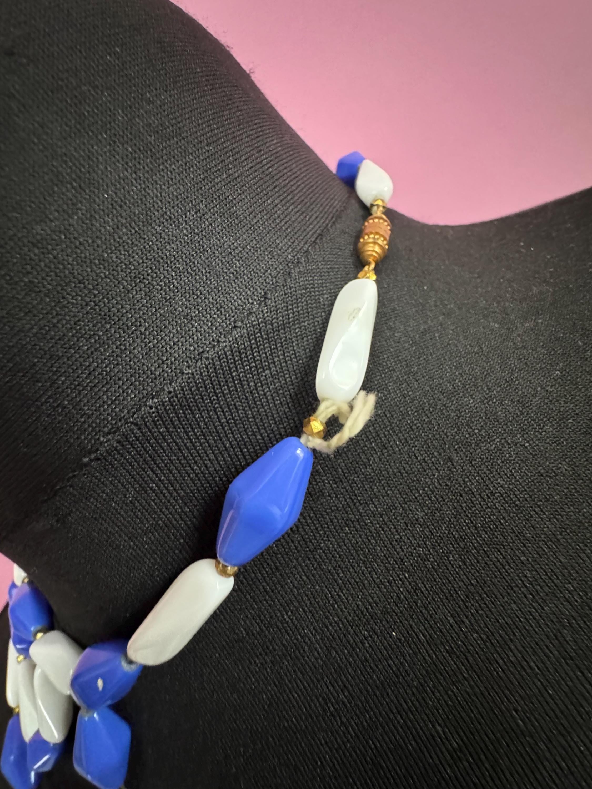vintage blue and white glass triple strand 3 row beaded necklace
