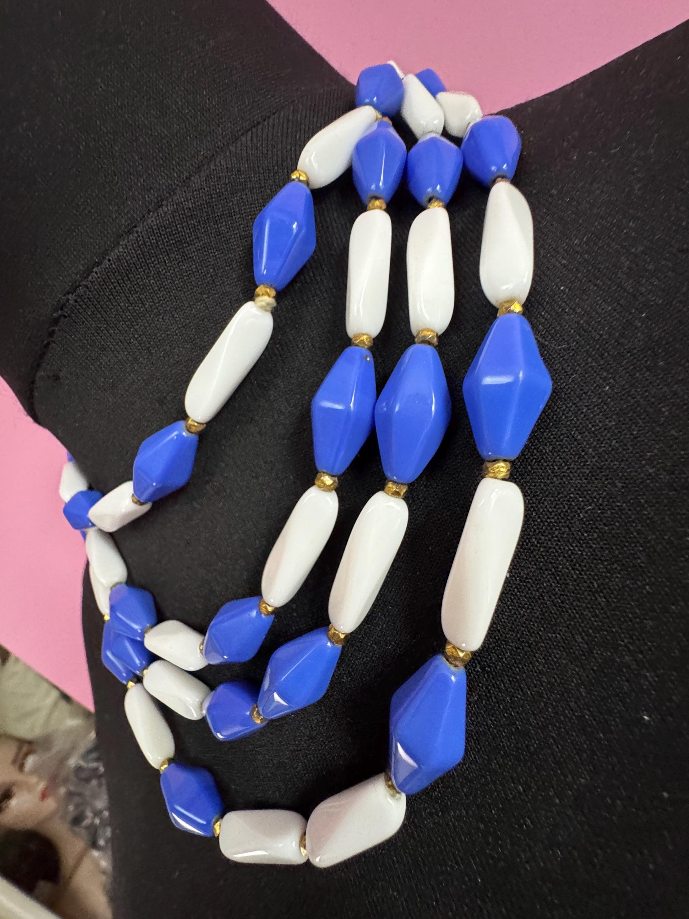 vintage blue and white glass triple strand 3 row beaded necklace